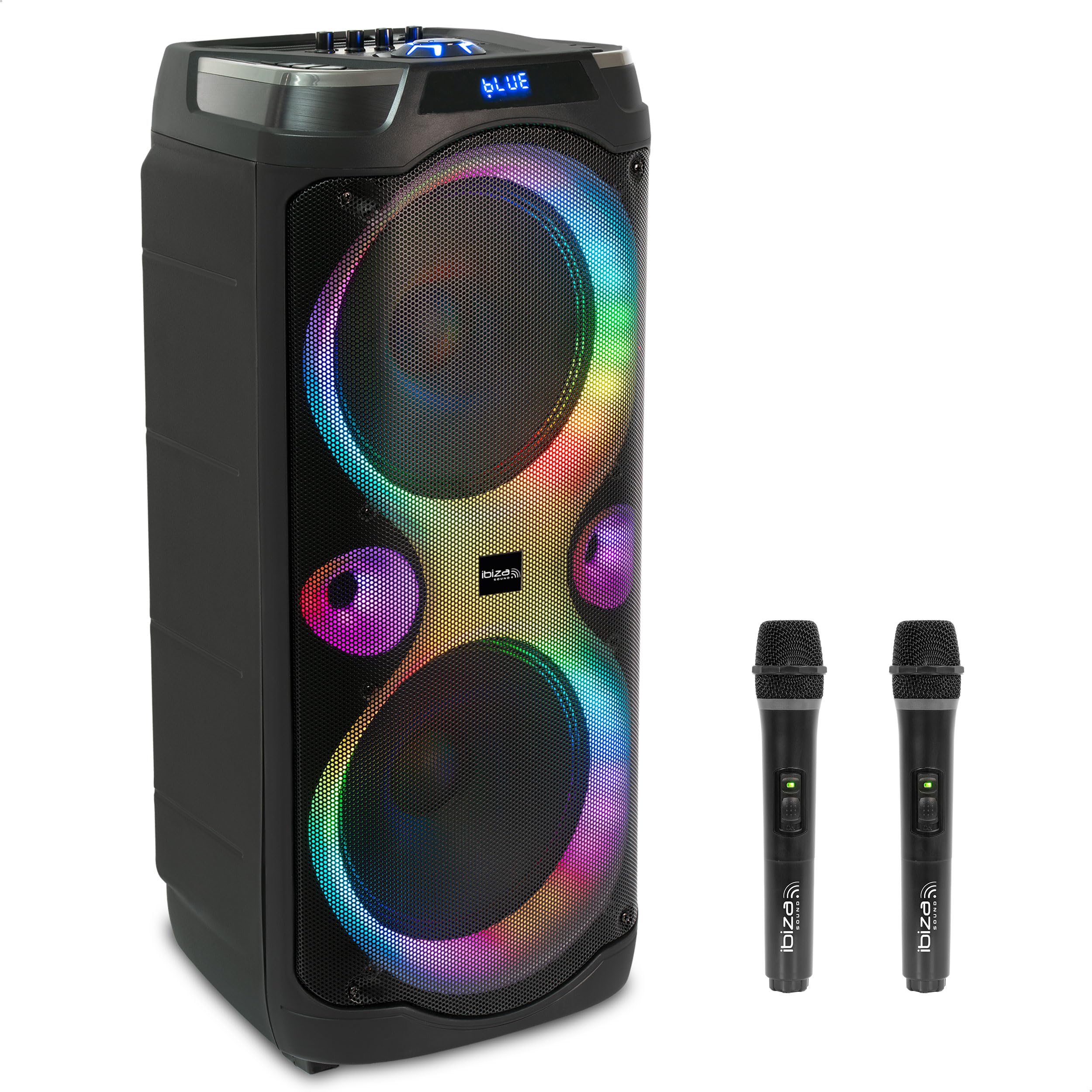 Ibiza - Columba-Karaoke - Enceinte Bluetooth Karaoke avec 2 Micros sans Fil - Changeur de Voix, lumières LED, Talkover et Fonction Rec - Soirées Karaoké