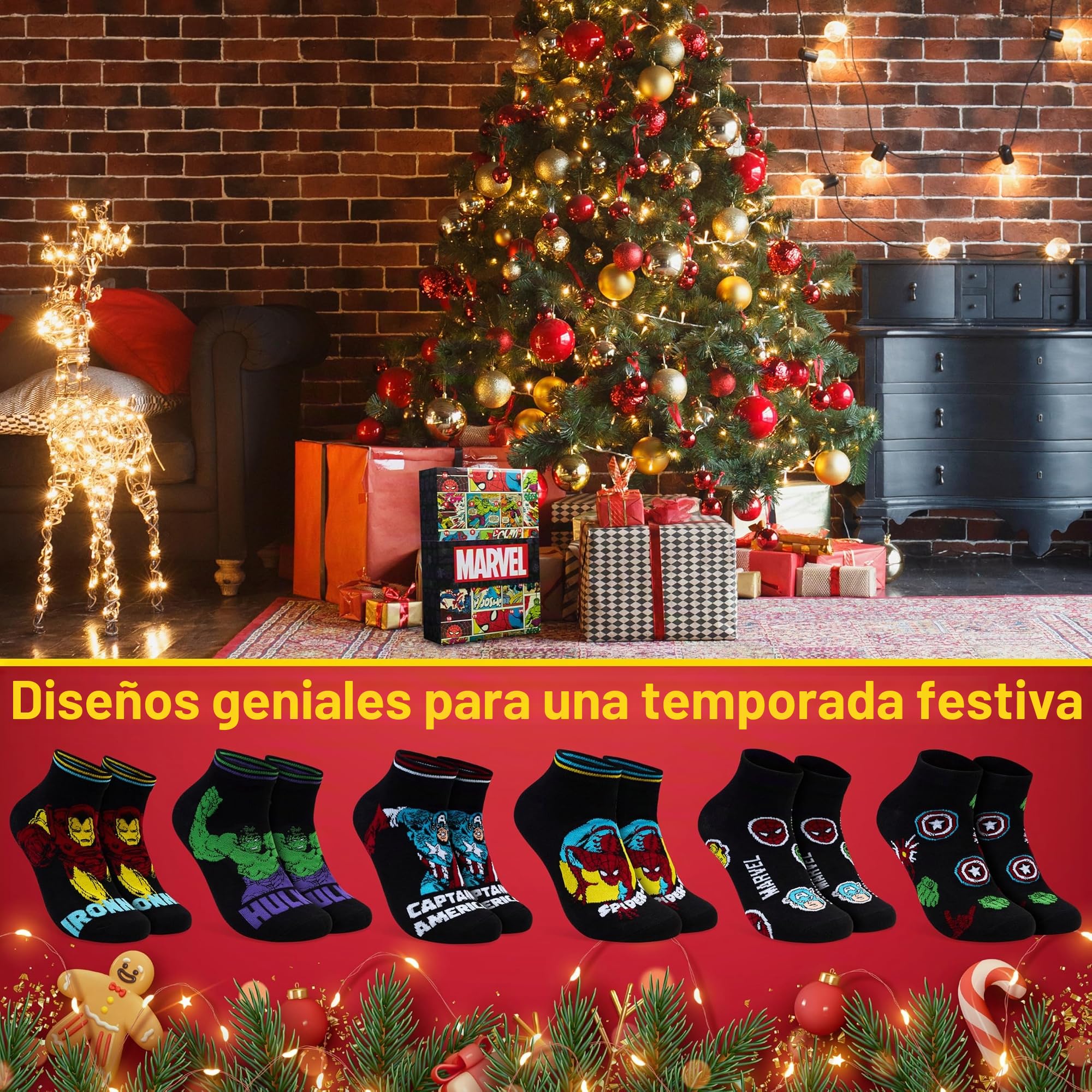 Get Trend Marvel Calendario Adviento 2025 con 24 Calcetines Hombre, 41-45, Diseños de Superhéroes Spiderman, Hulk, Thor y Más, Regalo Friki Hombre
