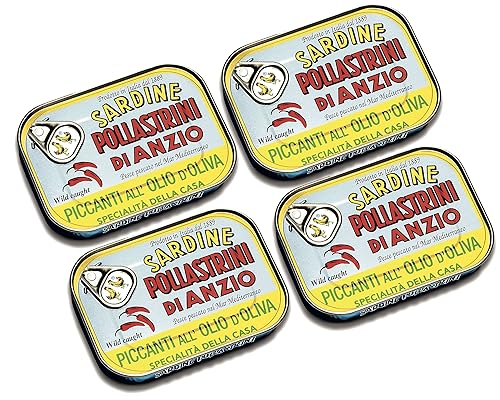 Pollastrini di Anzio Sardinas en aceite de oliva especiado  Selección Seafood Aficionado Choice  Paquete de 4  Sardinas gourmet italianas