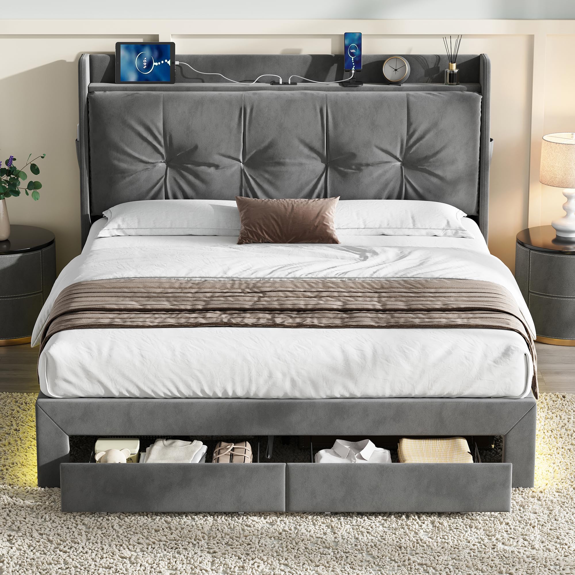 4ft6 Double Upholstered Ottoman Bed With Storage & 2 Drawers & Back Cushion Headboard, Hydraulic Storage Bed with LED Lighting & Charging Station, Velvet Gas Lift Up Functional Beds With Slats, Grey — image 1