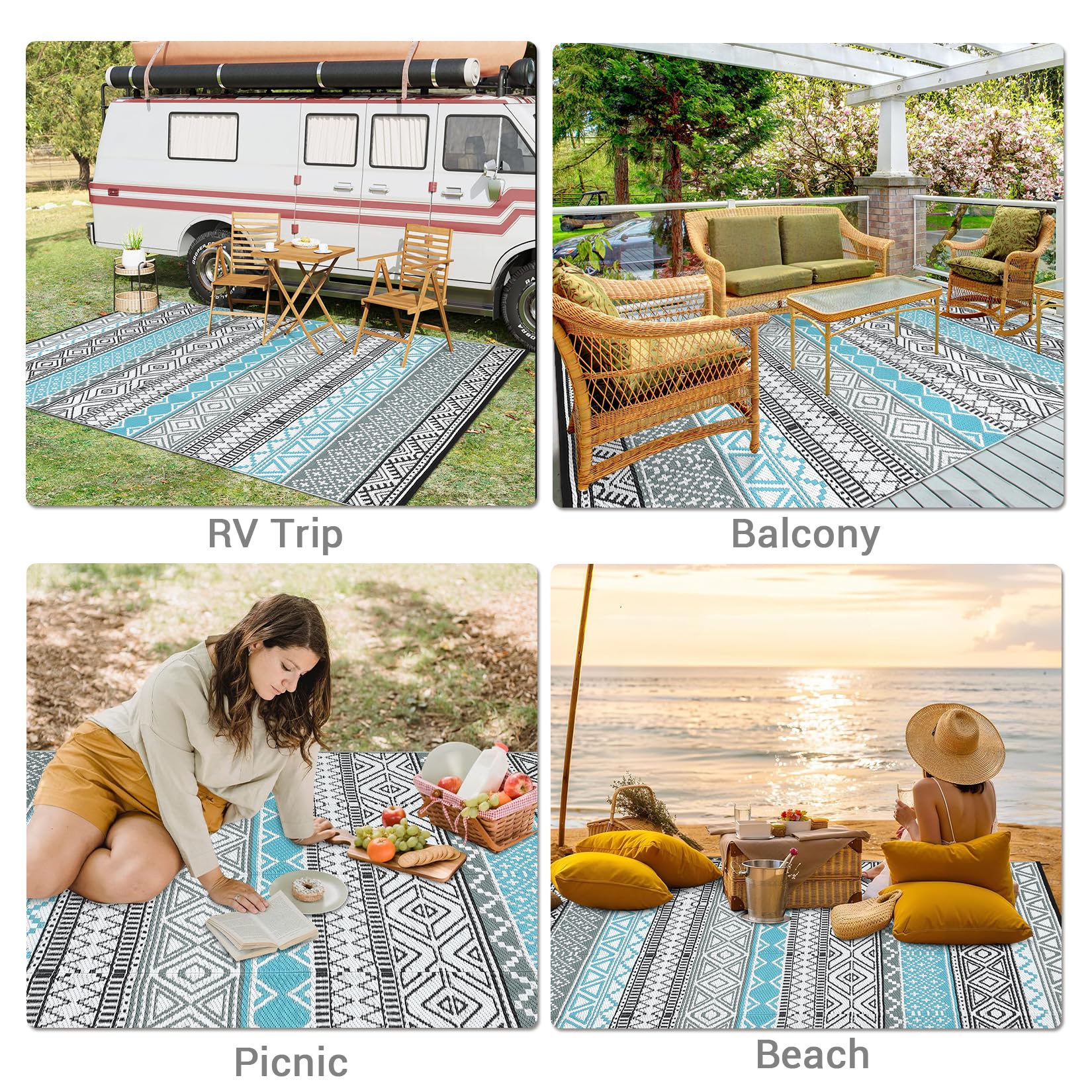 Tappeto da esterno impermeabile 150 x 240 cm reversibile in paglia di plastica per patio campeggio tappeto moquette geometrico per interni ed esterni camper tappeto moquette per cortile, terrazza