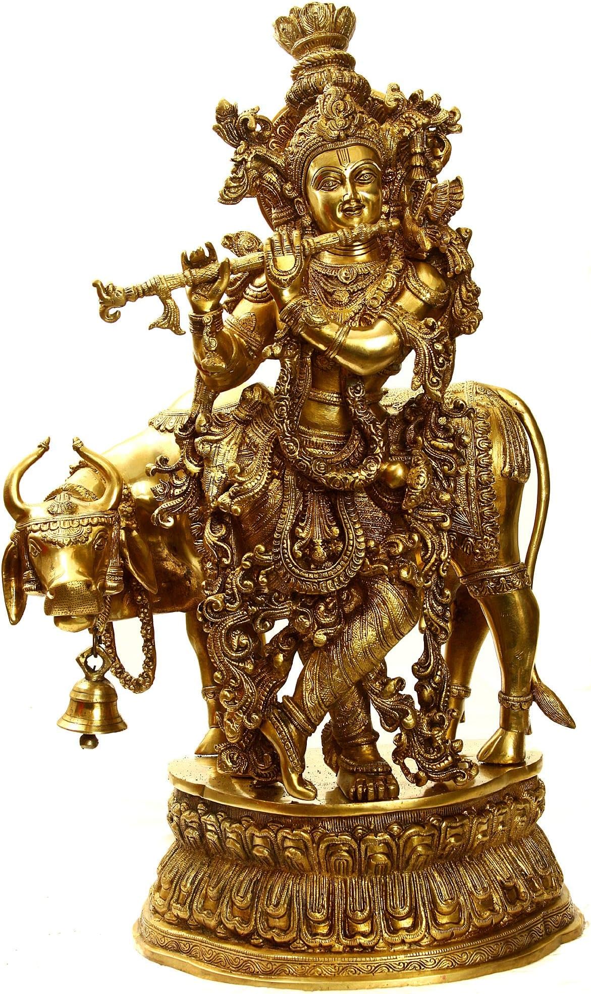 Astadhatu (8 Metals) Made Darling Krishna with Cow Idol/Lord Krishna with Cow Brass Idol/Banke Bihari, Radha Raman, Radha Ballabh Brass Idol - Vrindavan (6 cm)