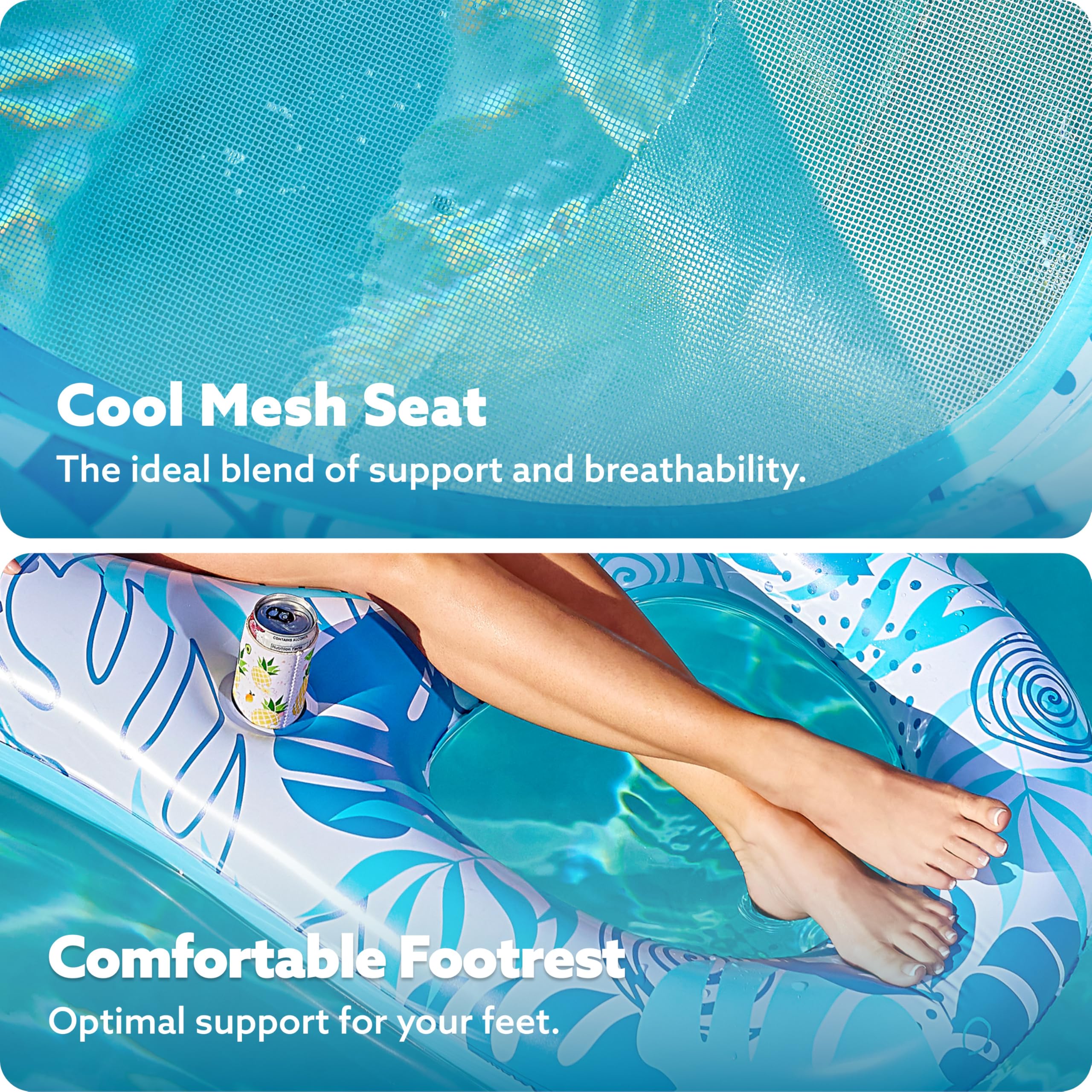 SLOOSH Aufblasbare Pool-Schwimmer, Liege für Erwachsene, Pool-Schwimmer, Lounge, Floaties, Wasserschwimmer, Liegestuhl mit Getränkehaltern, Fußstütze, Schwimmend (blau, rosa), 2 Packungen