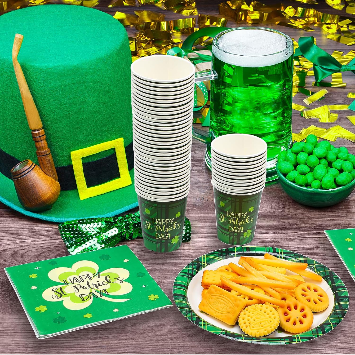 Hushee 200 Pcs St Patrick's Day Party Decorations Serves 50 Irish Shamrock Disposable Plates Dinnerware Sets with Paper Plates Napkin Disposable Cup for St Patrick's Day Party Supplies