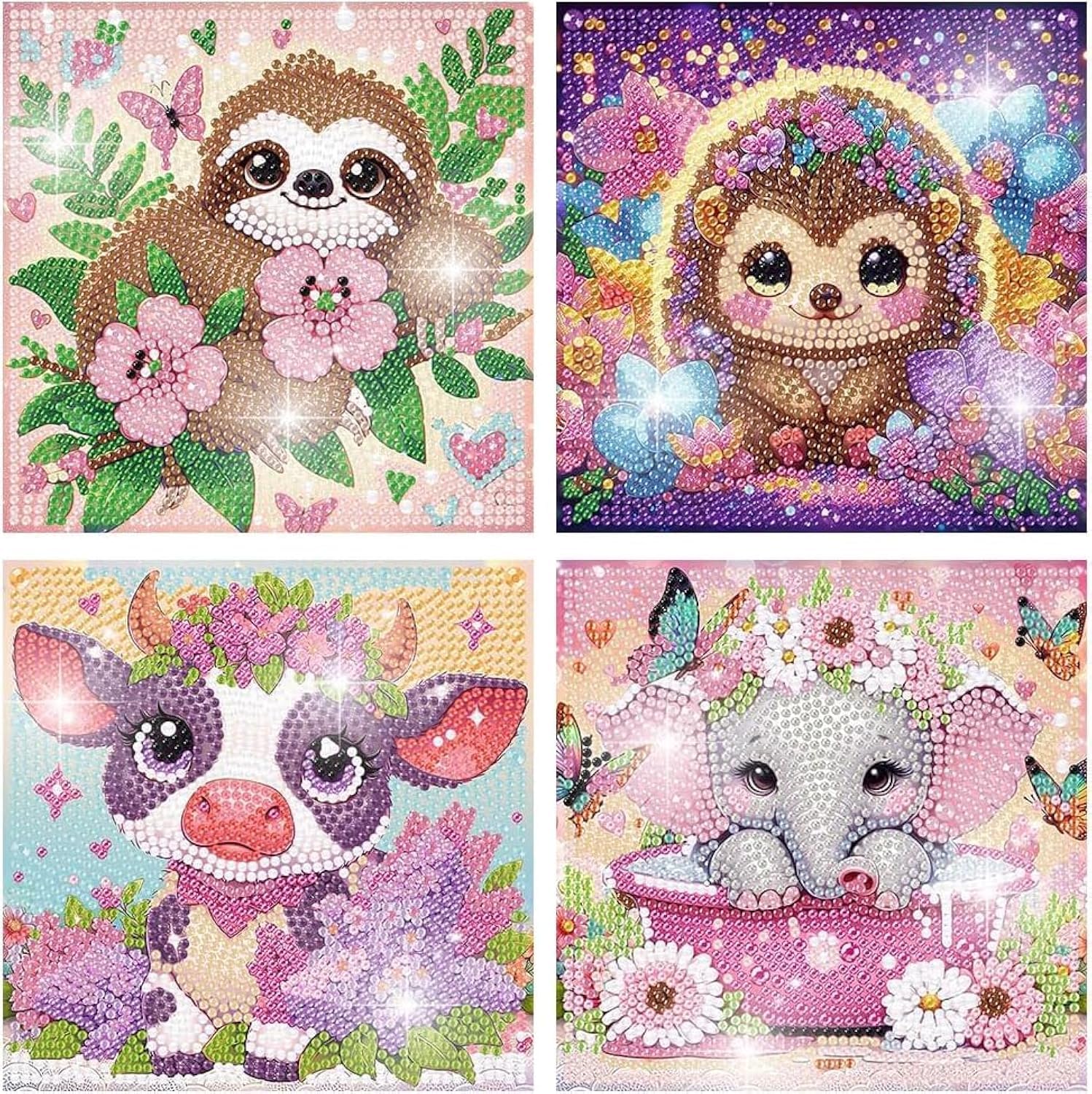 Mrnsiet4 Packs Diamond Art Kits for Kids Ages 6-8-9-12,Colorful Cute Animals Cartoon Big Gem Art Full Drill Easy DIY Crystal Mosaic Kits Dots Crafts for Holiday Kids Gifts 6X6 inch