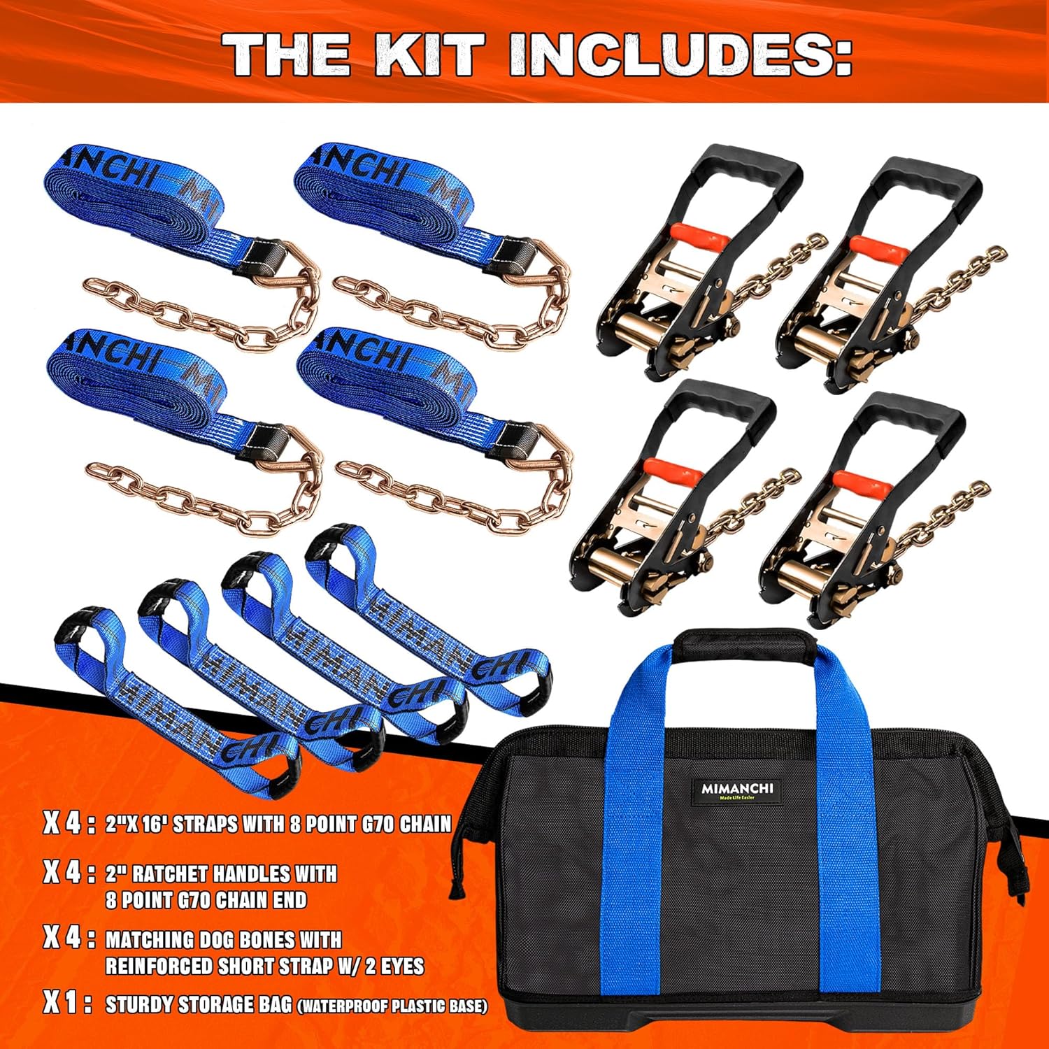 8 Point Roll Back Vehicle Tie Down Kit, with Heavy-Duty Chain Extension on Both Ends, Ratchet Handle - Lockout Kits for Vehicles and Cars Tie Down Straps Tow System - Blue