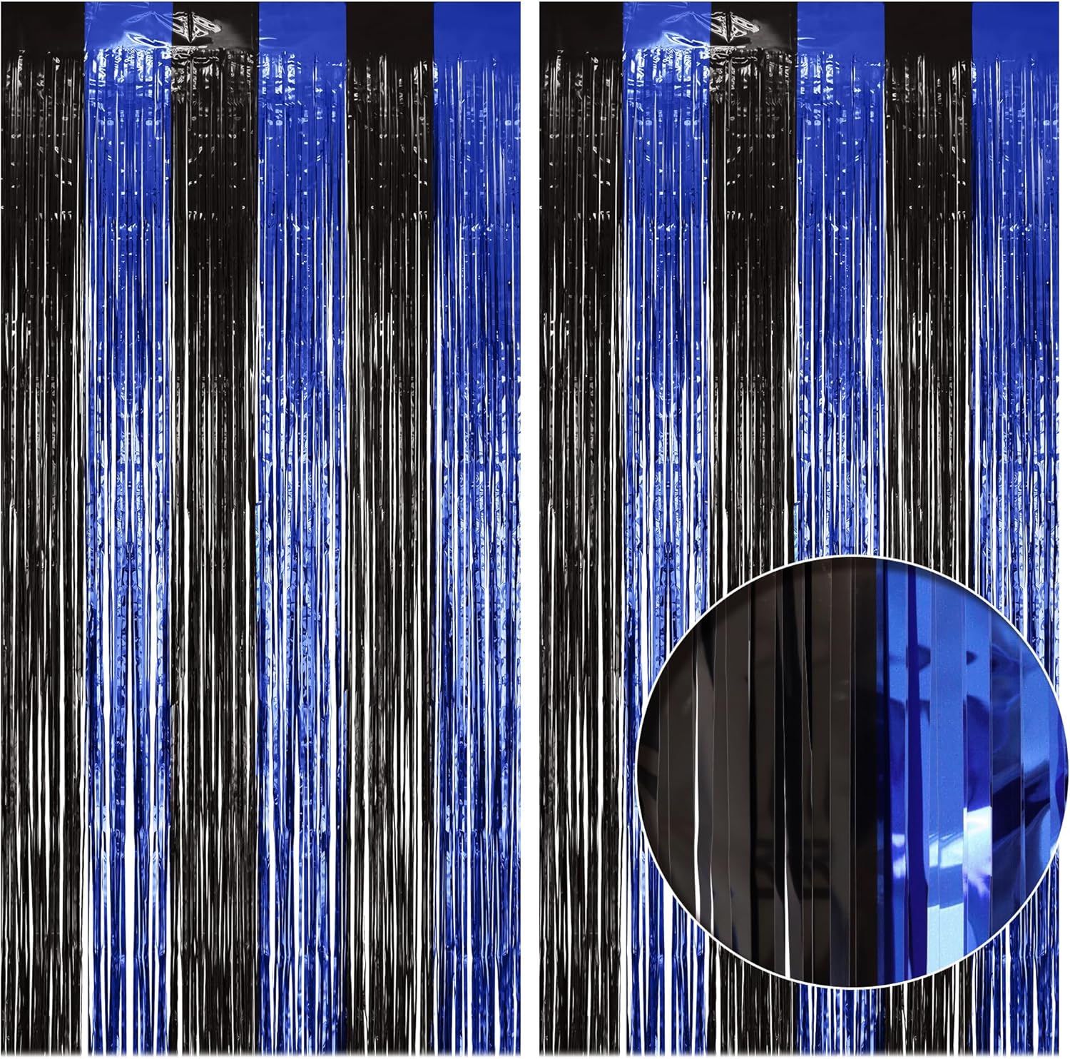 2 Pack Black & Blue Tinsel Fringe Curtains Backdrop, 3.2 x 8.2 ft Metallic Foil Rain Curtains for Boy Birthday Party, Gamer Theme, Space Galaxy, Photo Booth, Door & Wall Decorations