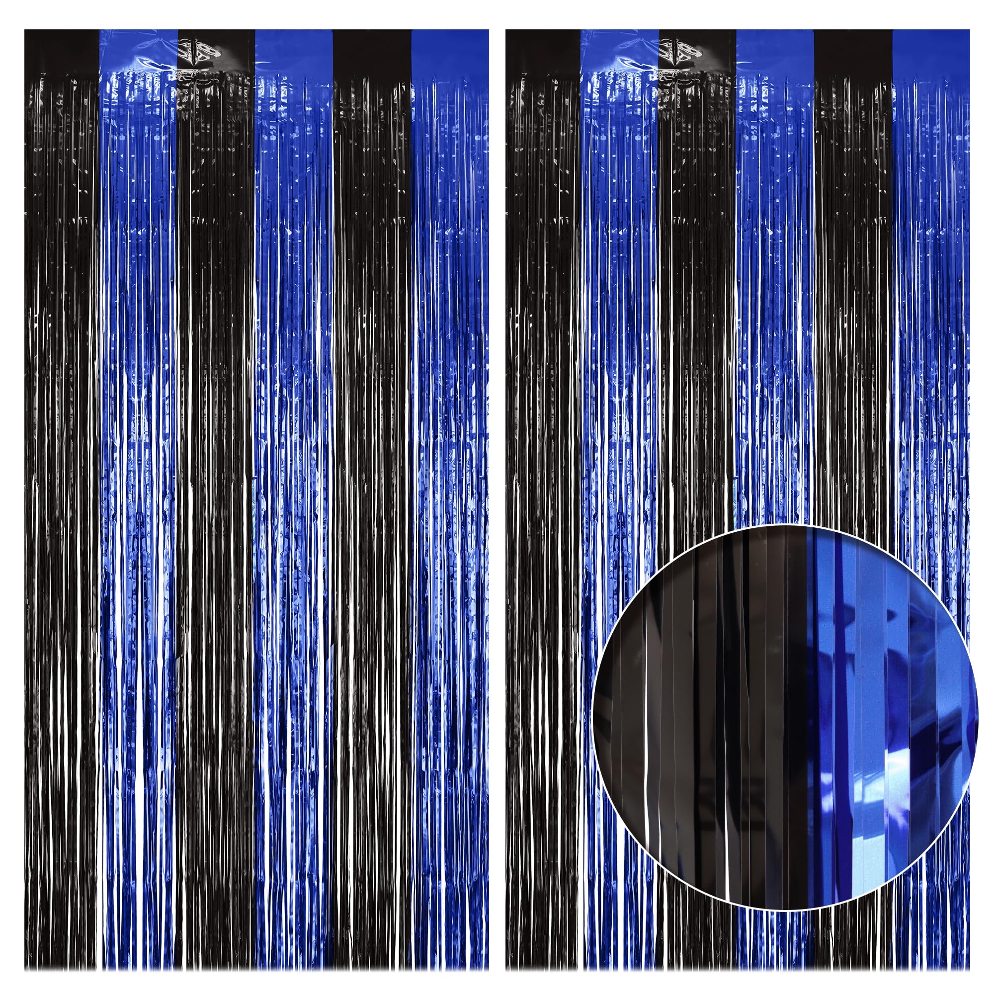 2 Pack Black & Blue Tinsel Fringe Curtains Backdrop, 3.2 x 8.2 ft Metallic Foil Rain Curtains for Boy Birthday Party, Gamer Theme, Space Galaxy, Photo