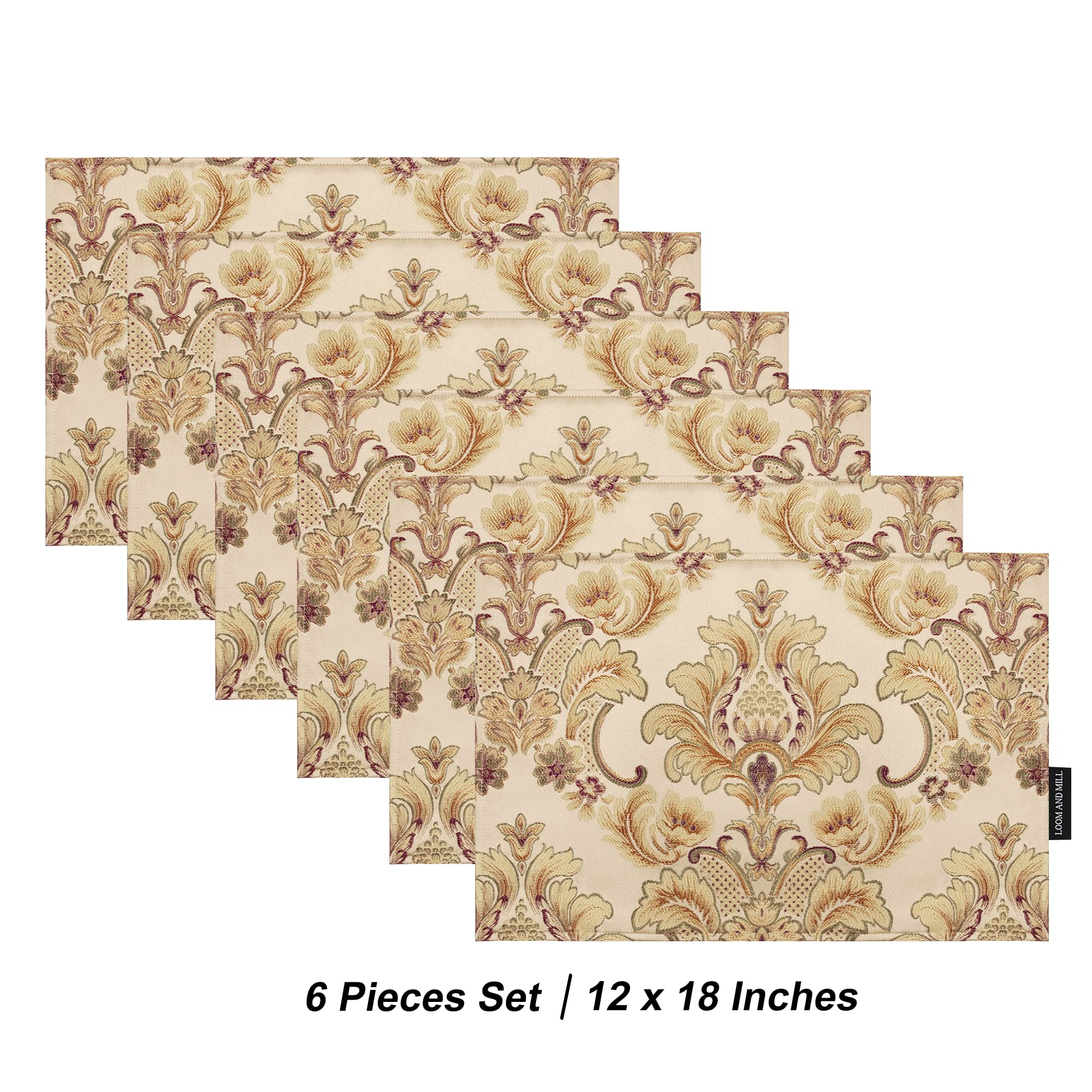 Loom and Mill Luxus-Tischsets, 6 Stück, florales Damast-Jacquard-Stoff, rutschfeste Tischsets für Esszimmer, Küche, Party, Urlaub, langlebige und waschbare Esstischsets (Khaki, 30.5x45.7 cm)