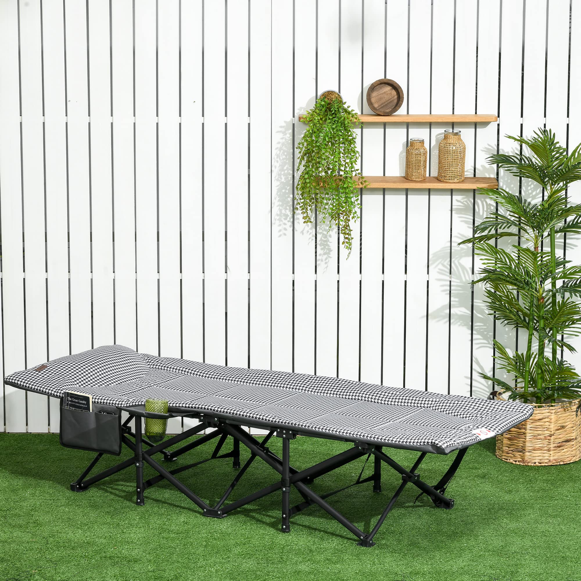 Outsunny Lit de Camping Pliable Robuste pour Adultes, Charge Jusqu'à 250 kg, Lit de Voyage Portable 1 Personne avec Poche latérale, Porte-gobelet et Sac de Transport 68 x 190 x 48 cm, Noir