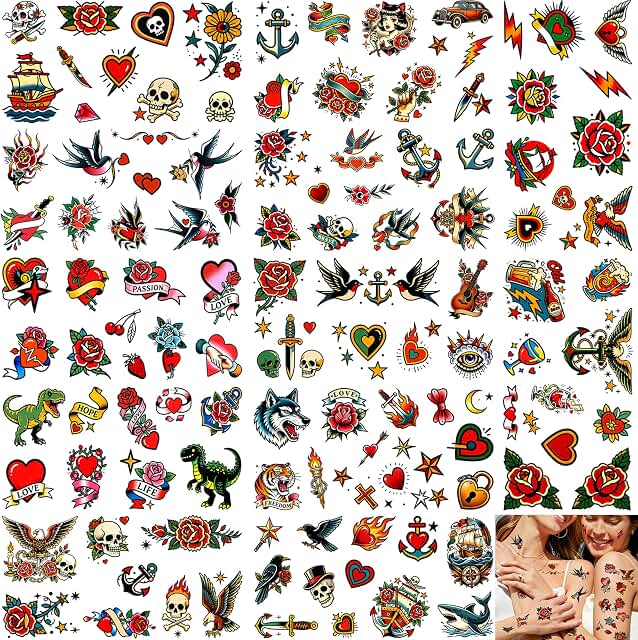 Colorful old school temporary tattoo variety pack