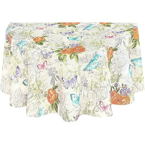 Newbridge Vinyl Oval Tablecloth, 60 x 84 Inch, Claudette Easter, Roses and Butterfly Spring, Easy Care Washable Table Cloth, Yellow Pastel Floral