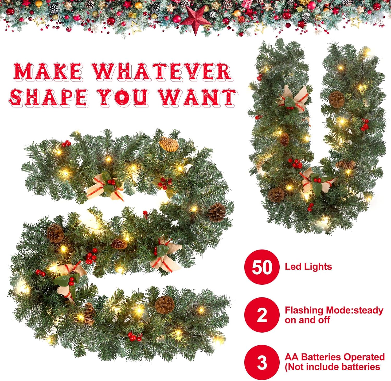 Ceenna 2 Pcs 6 ft Christmas Garland with Lights Christmas Prelit Artificial Garland with Pine Berries Decor Christmas Fireplace Decorations for Mantle Banister Indoor Outdoor(Bow)