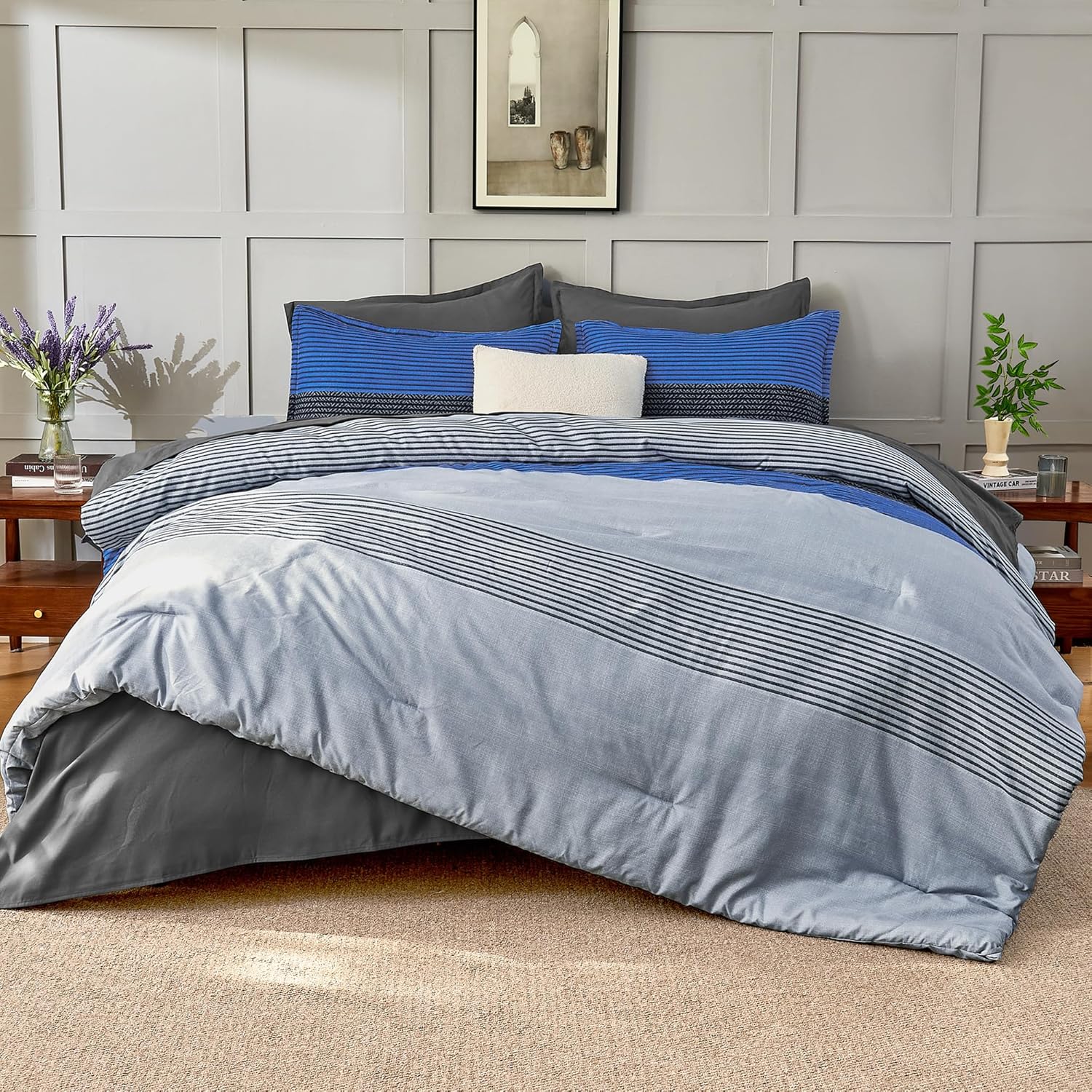 Andency Full Size Comforter Set 7 Pieces - Blue Grey Striped Lightweight Bed in a Bag, Soft Microfiber Farmhouse All Season Bedding Set with Comforter, Fitted & Flat Sheet, Pillowcases & Shams - Image 4