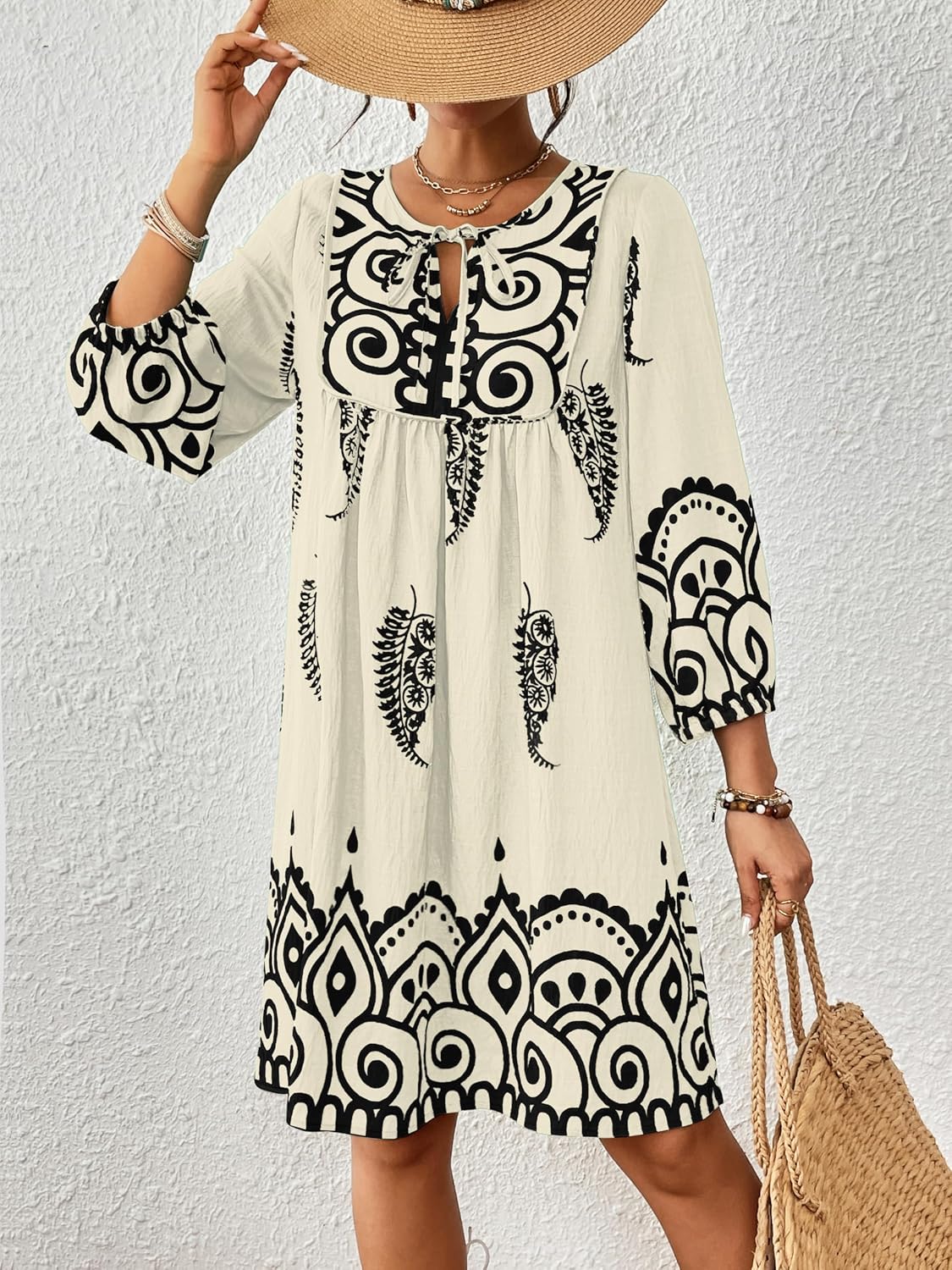 Eddoyee Women Casual Summer Dress, V Neck 3/4 Sleeve Boho Floral Print Flowy Loose Beach Vacation Dress - Image 2