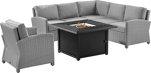 Crosley Furniture KO70169GY-GY Bradenton - Juego seccional de mimbre para exteriores (5 piezas, mesa de fuego Dante, 2 sofás de dos plazas, 2