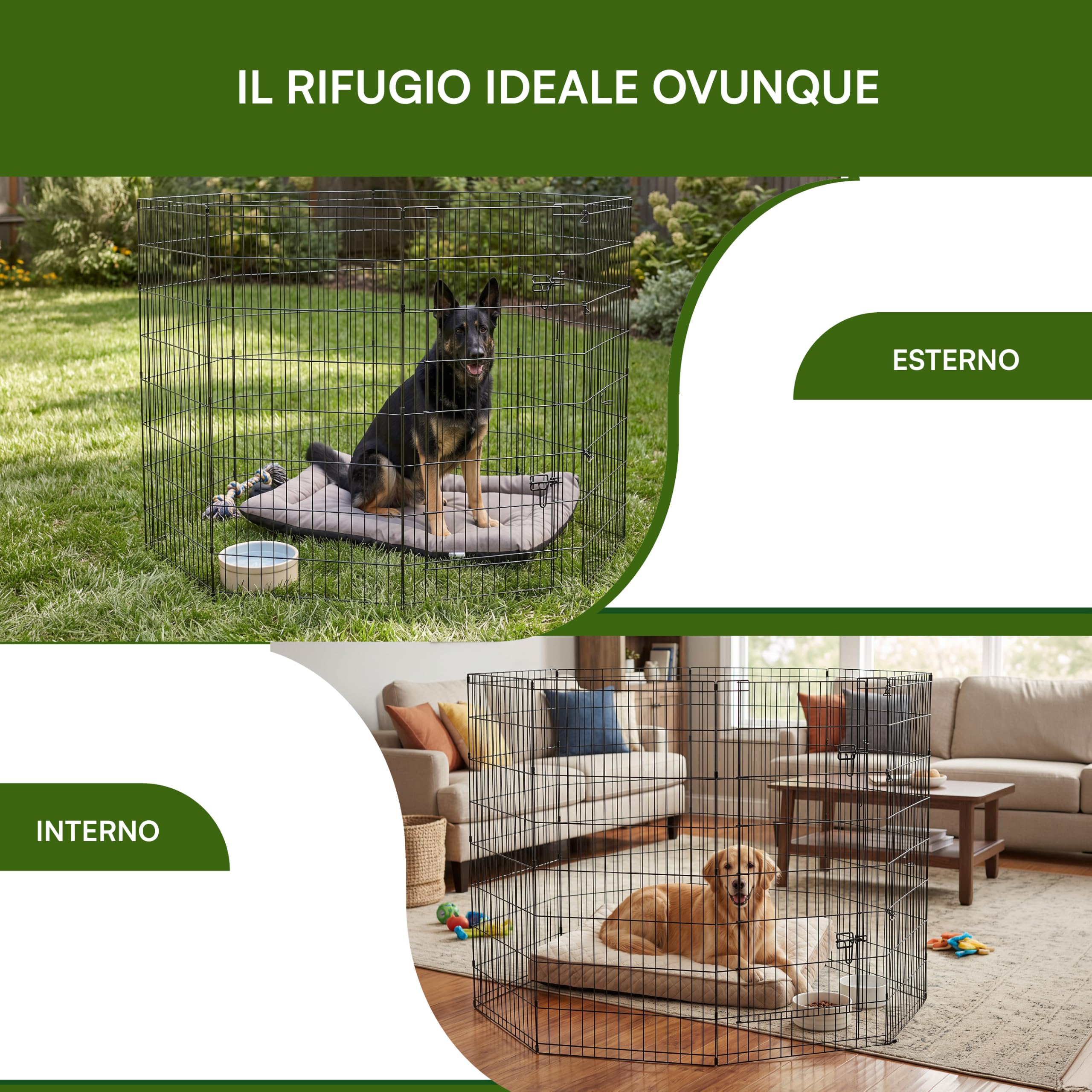 Baroni Home Recinto per Cani a 8 Pannelli in Metallo, Box Modulare per Animali con Porta Integrata, Recinzione per Interno ed Esterno, Montaggio Senza Attrezzi, 120x60 cm