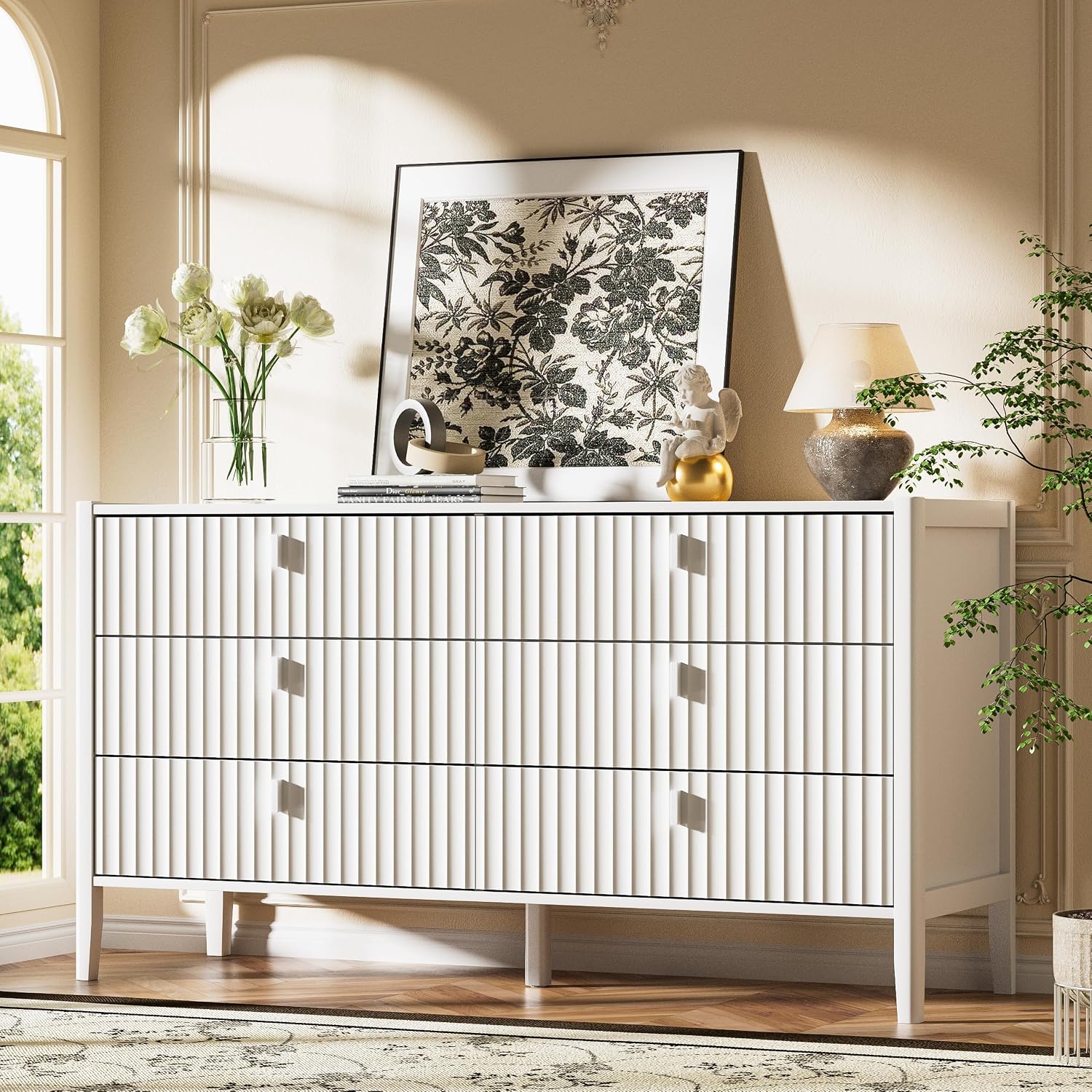 Furniway White 6 Drawer Dresser, Modern Wide Dresser for Bedroom, Fluted Wood Chest of Drawers with Metal Handles for Clothes, Storage Cabinet for Living Room, Entryway, Office