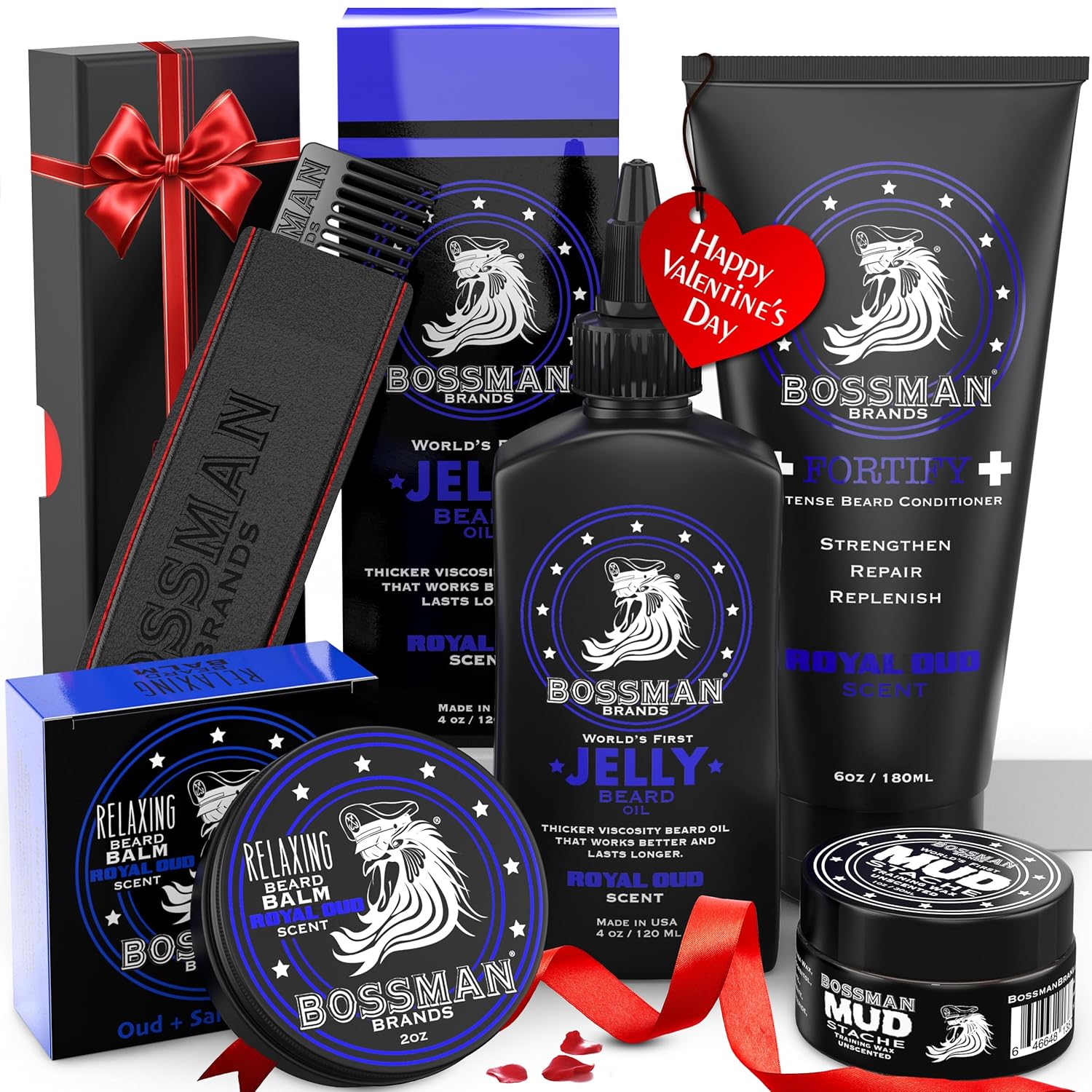 Bossman Complete Beard Kit – Men's Beard Oil Jelly, Fortifying Shower Conditioner, Balm, Mustache Wax & Comb – Beard Softener & Grooming Care – Men Gift Set (Royal Oud Scent)