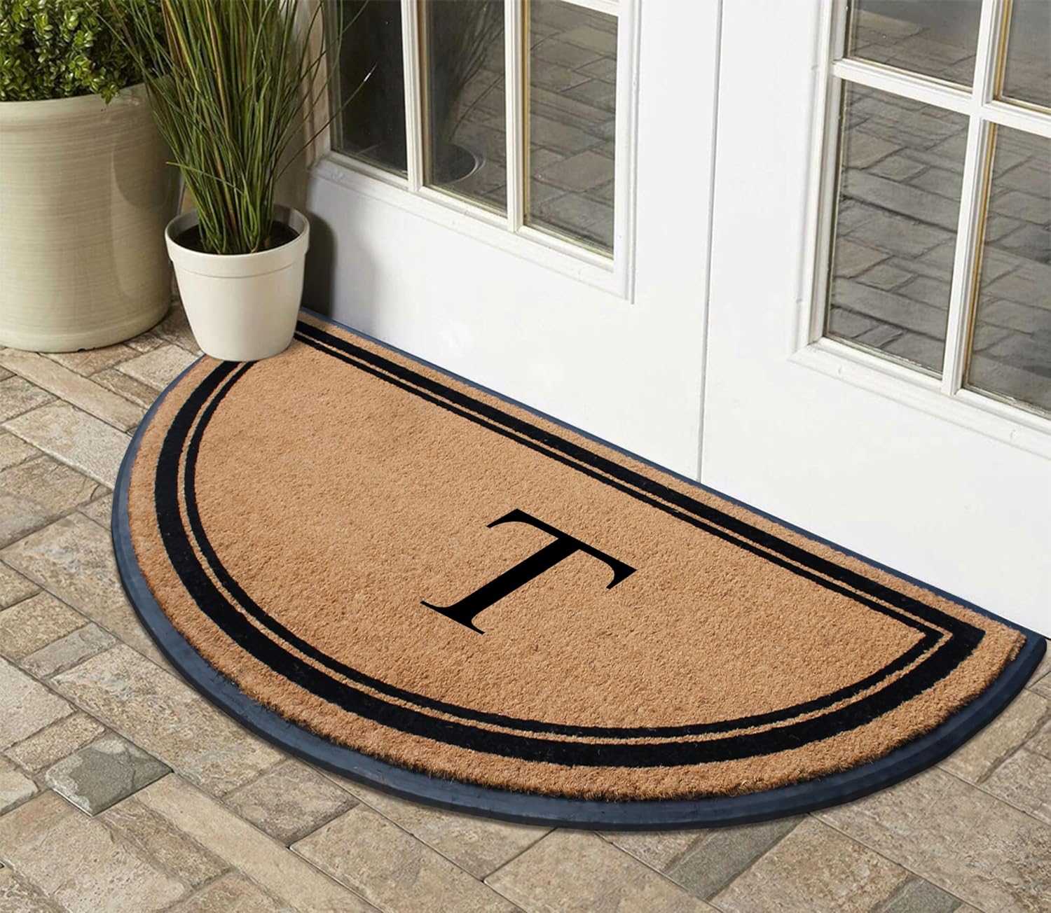A1HC Natural Coir & Rubber Hand-Flocked Monogrammed Doormat - Heavy Duty Anti-Shedding Front Door Mat, Thick & Durable Entrance Mat, 36" x 72" - T