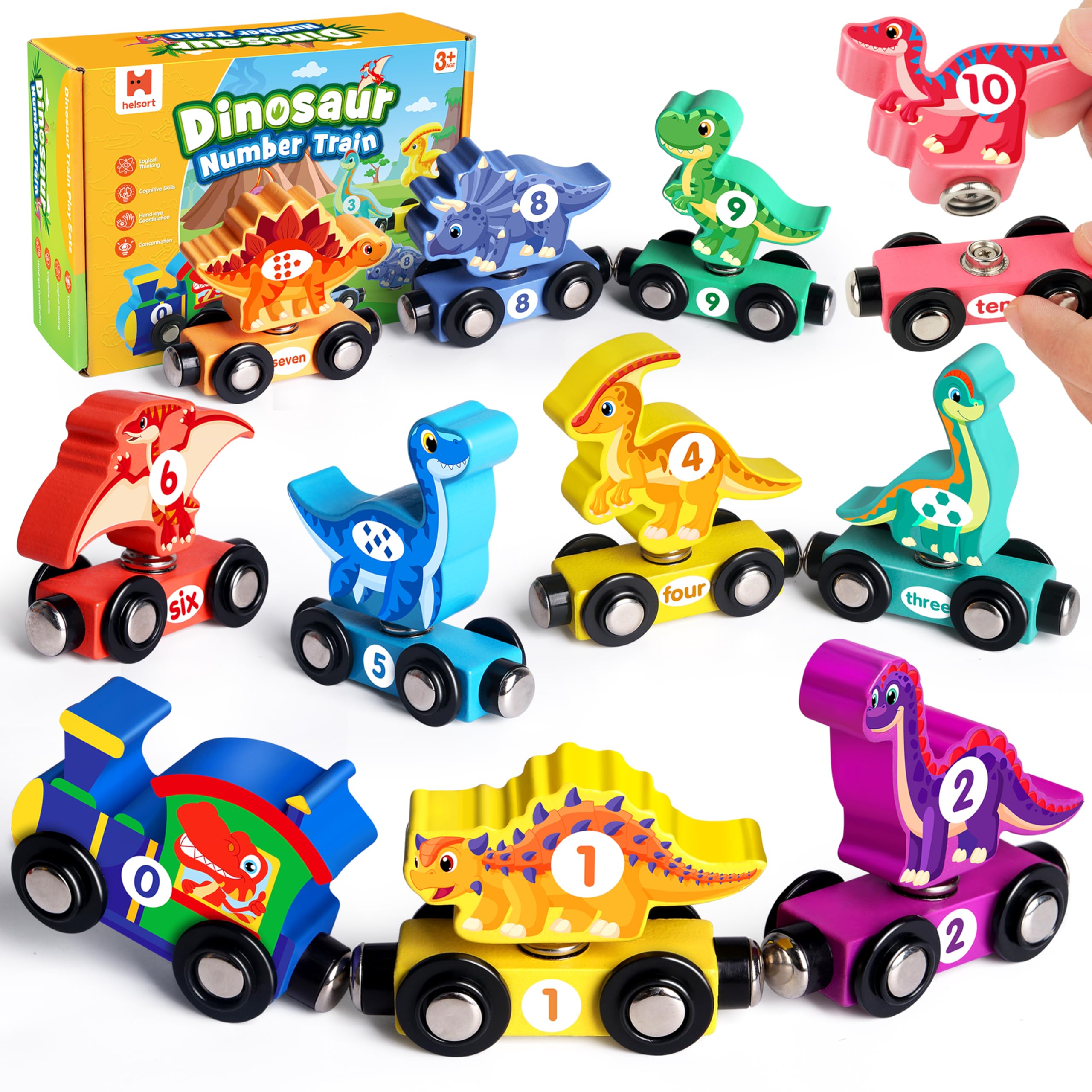 Wooden Dinosaur Train Set, Magnetic Dinosaur Toys and Number Train for Toddlers, Educational Montessori Toy for Counting and Motor Skills, for 3-5