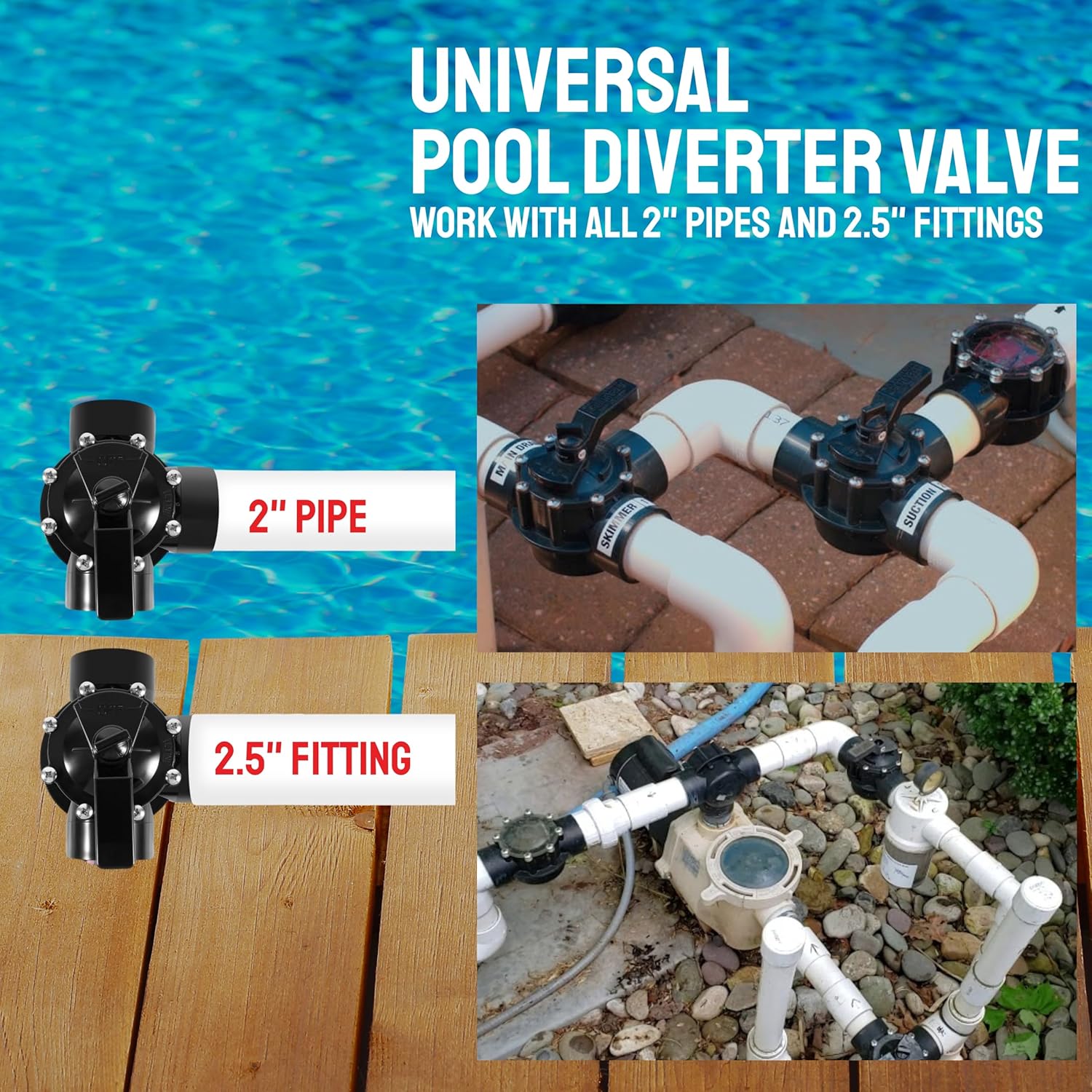 Swimming Pool 3 Way Valve 2 Inch - Positive Seal & Non Lube Diverter for Pools and Spas - Replacement for Jandy 4717 Valves (3 Way Valve, 2 Inch)