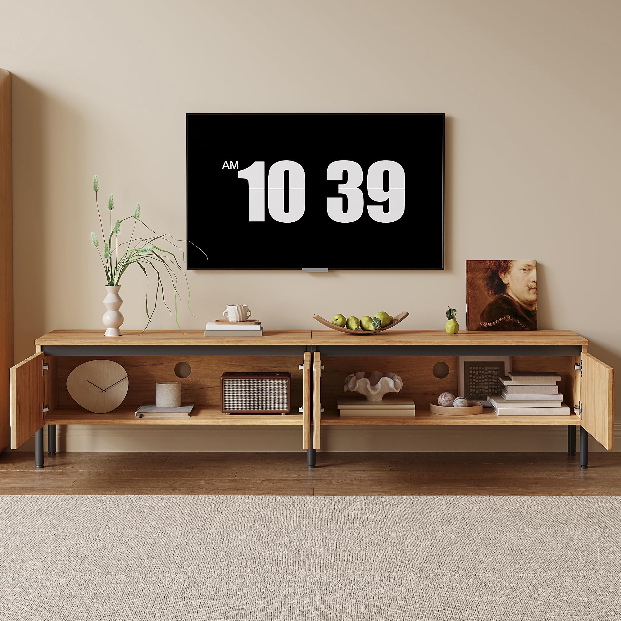 HAINEW HD26062302 szafka pod telewizor z 4 drzwiami i czarnymi metalowymi nogami, 180 x 35 x 43 cm, kolor naturalny, HD26062302