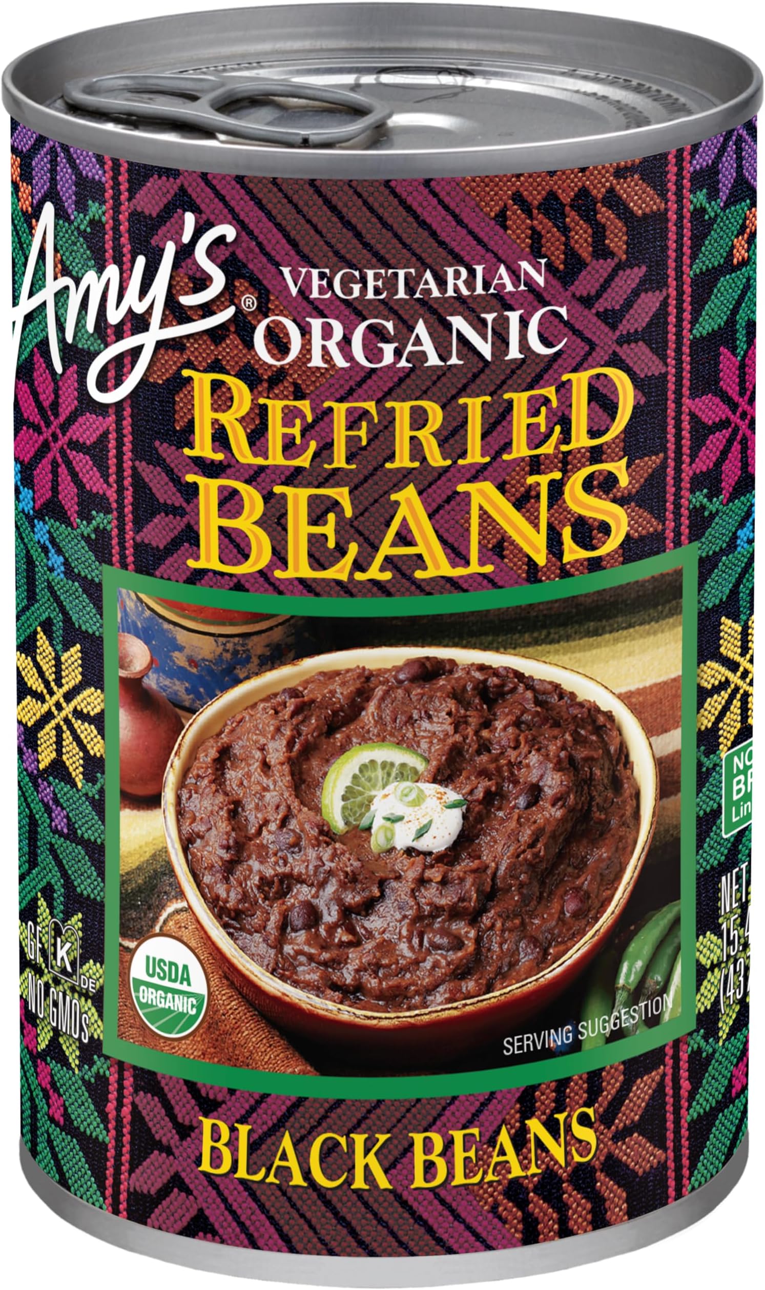 One 15.4 oz Amy's Organic Refried Vegetarian Black Beans