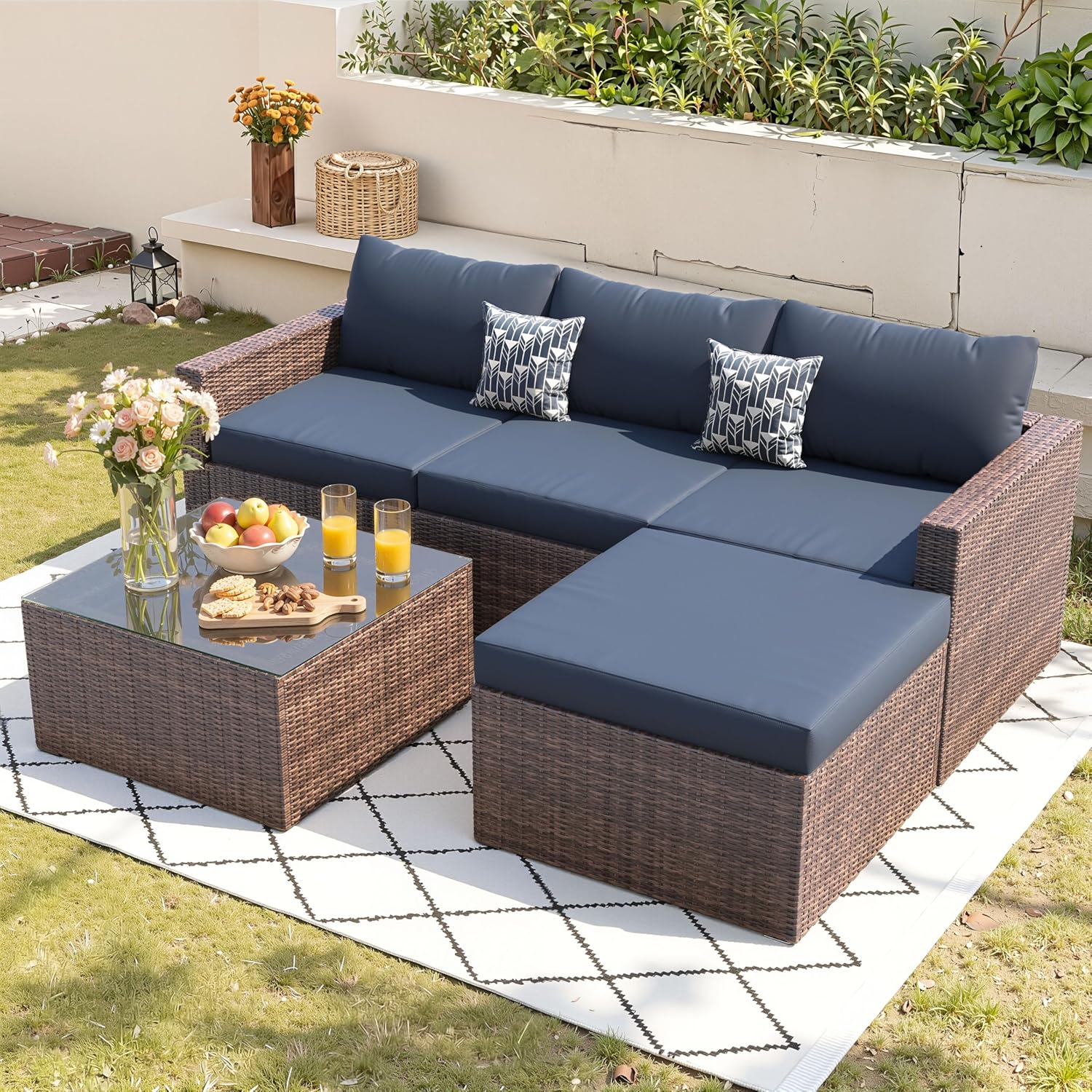 UDPATIO 5 Piece Patio Furniture Set, All-Weather Wicker Outdoor Sectional Sofa, L Shaped Outdoor Conversation Couch with Ottoman, Glass Table for Balcony Porch Backyard, Blue