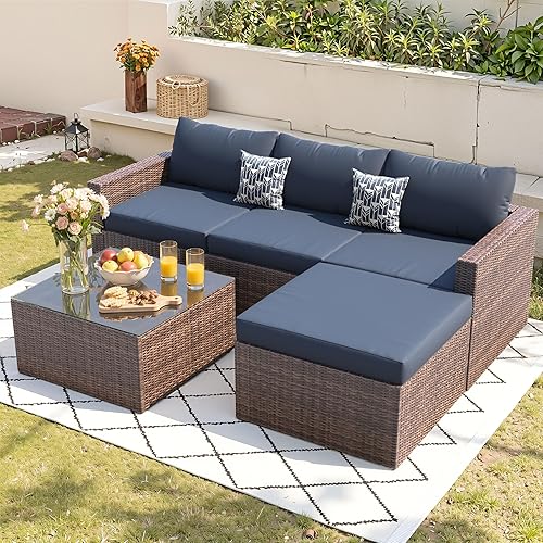 UDPATIO 5 Piece Patio Furniture Set, All-Weather Wicker Outdoor Sectional Sofa,Rattan L Shaped Outdoor Conversation Patio Sectional with Ottoman, Glass Table for Balcony Porch Backyard,Navy Blue