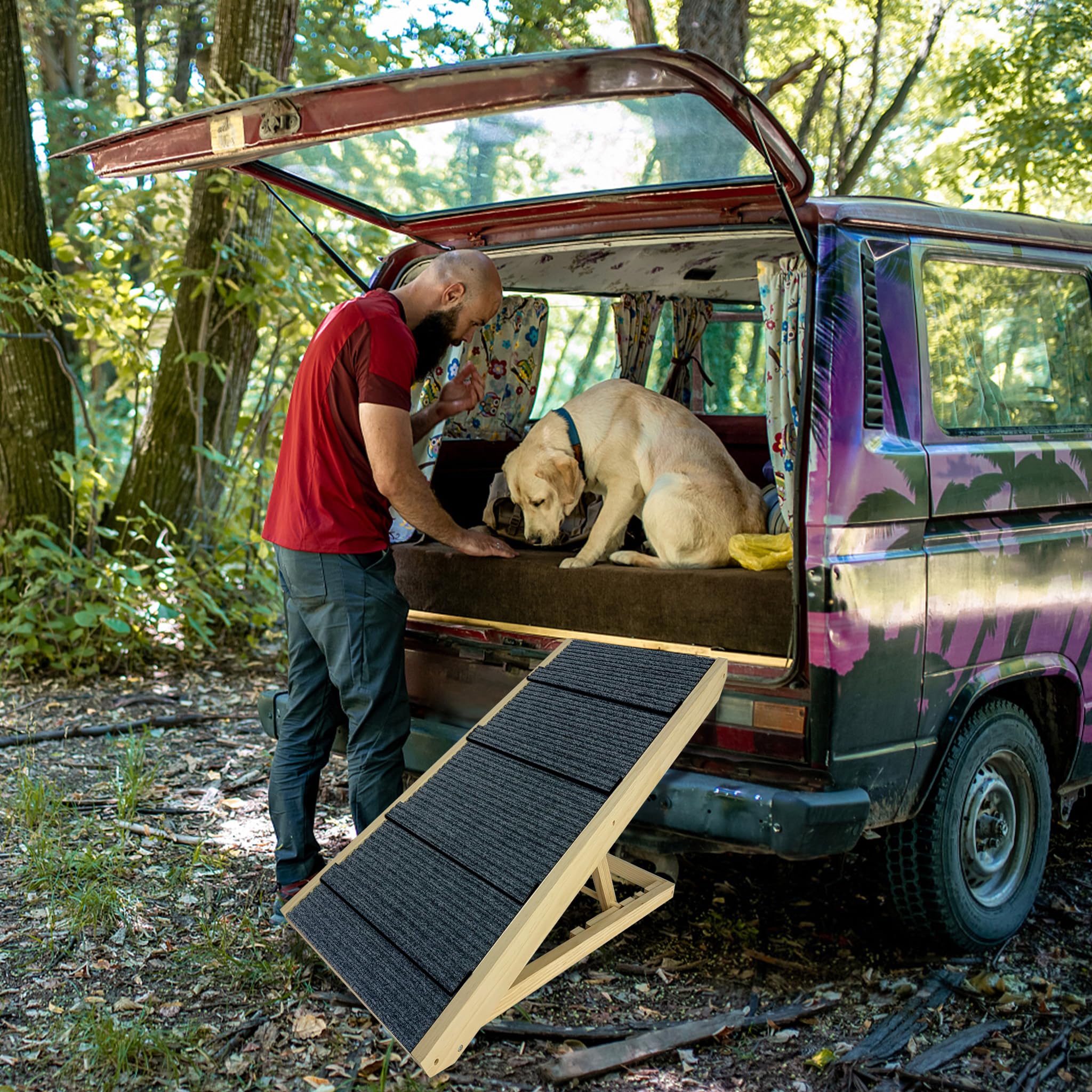 LZQ Escalier pour chien - Pliable - Pour petits chiens et chats - Portable - Réglable en hauteur - En bois - Avec tapis antidérapant - Pour lit, canapé, 100 cm de long