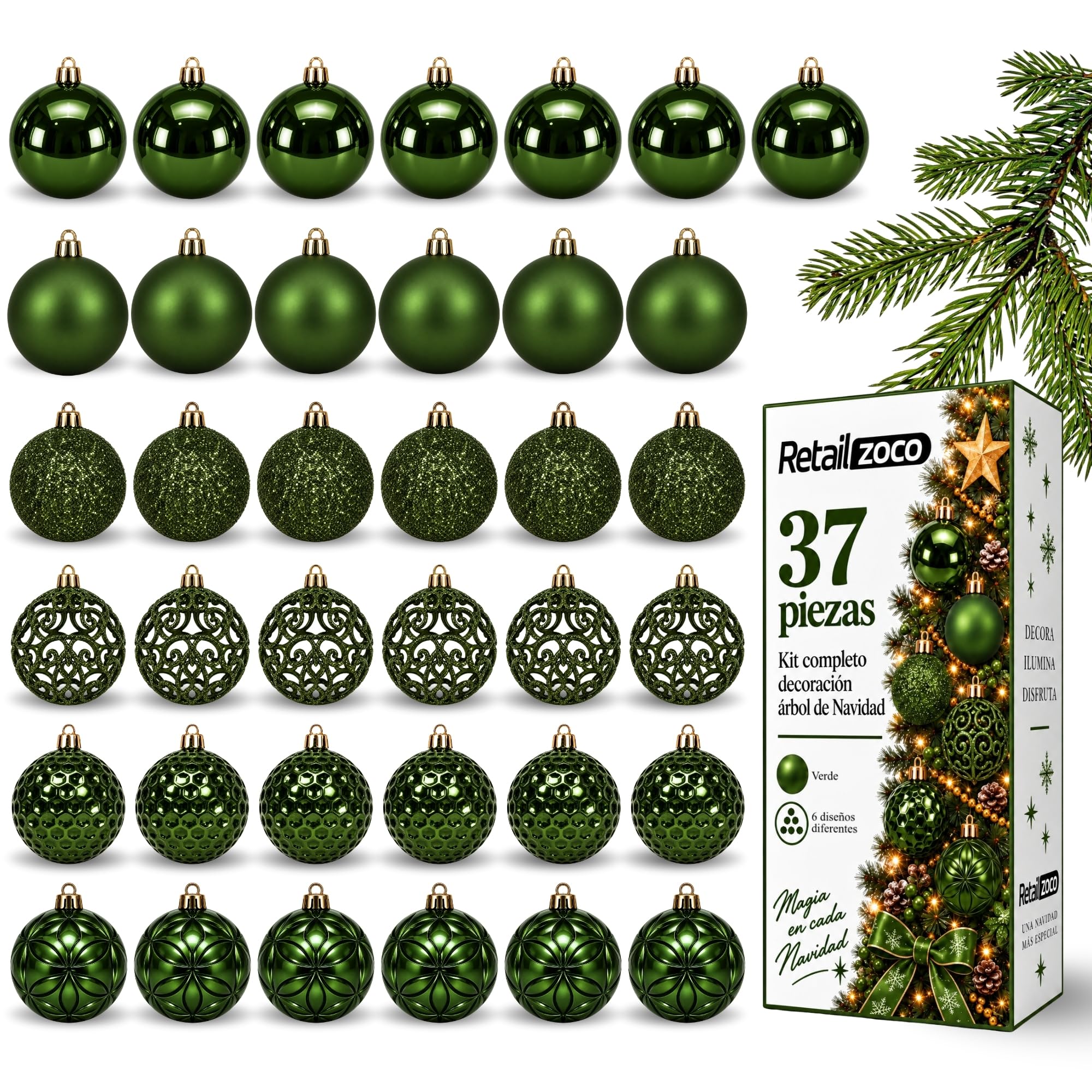Bolas de Navidad, Adornos Arbol Navidad, 37 Piezas, Verde - imagen 1