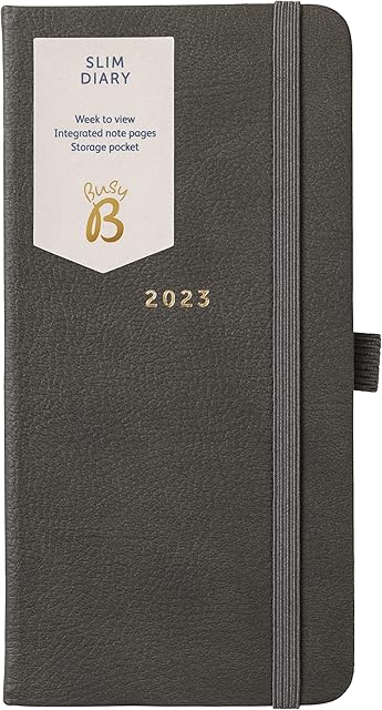 Busy B Slim Diary January to December 2023 - Charcoal - Faux Leather Week to View Planner with Notes