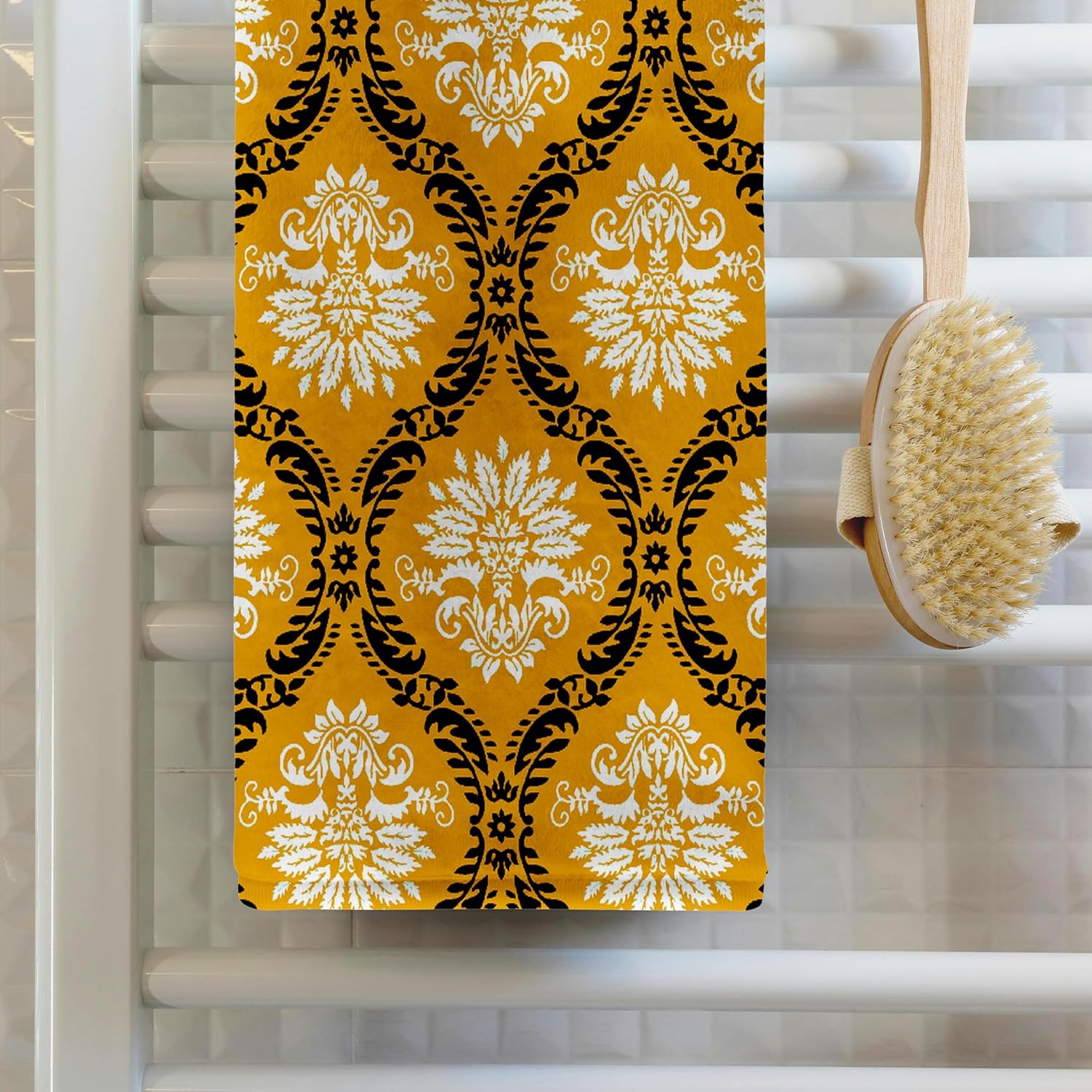 3dRose Dooni Designs Marigold Yellow Black White Ornate Damask Pattern 22x30 Bath Hand Pool Towel