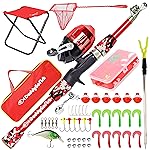 DaddyGoFish Kids Fishing Pole - Rod Reel Combo Tackle Box Starter Set - First Year Small Dock Gear Kit for Boys Girls Toddler Youth Age Beginner Little Children Junior Anglers (Red, 4ft)