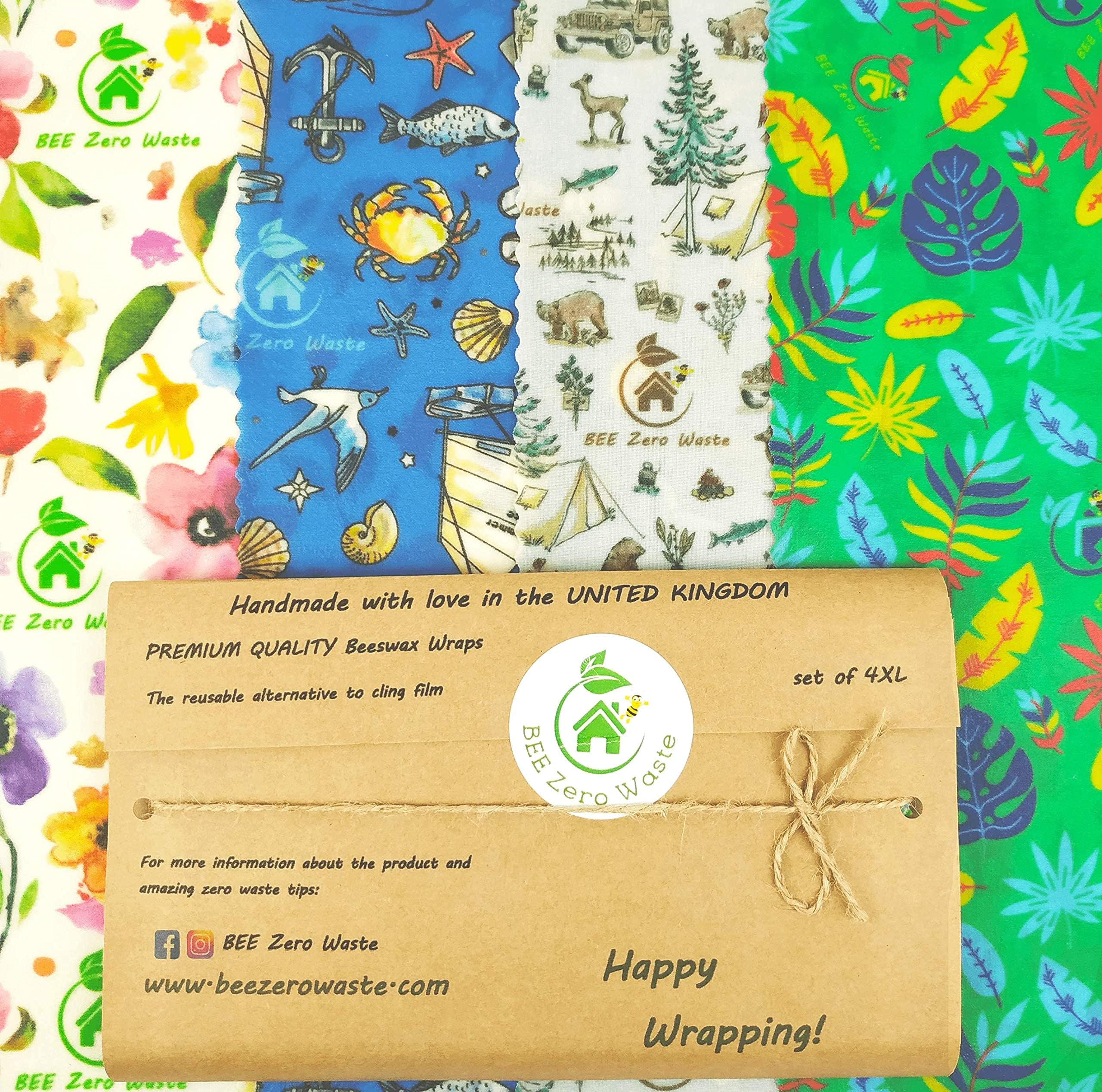 Beeswax Wraps,UK HANDMADE, Random Colours, BEE Zero Waste, GOTS Organic cotton, reusable, washable food storage, British company (set of 4XL)