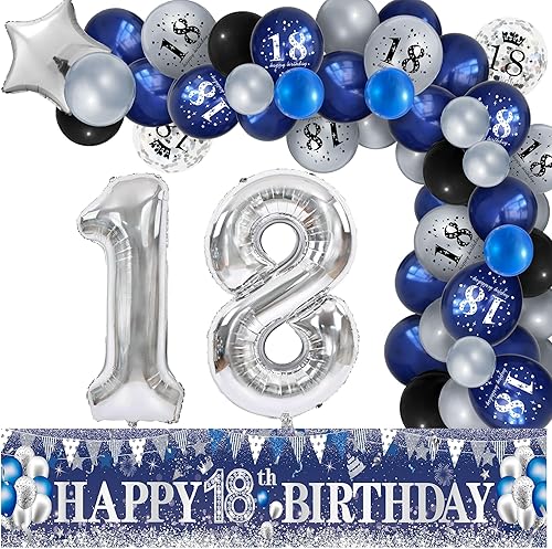 Decoraciones de fiesta de cumpleaños número 18 color azul marino con 61 globos de látex de papel de aluminio con el número 18, globos de fondo para