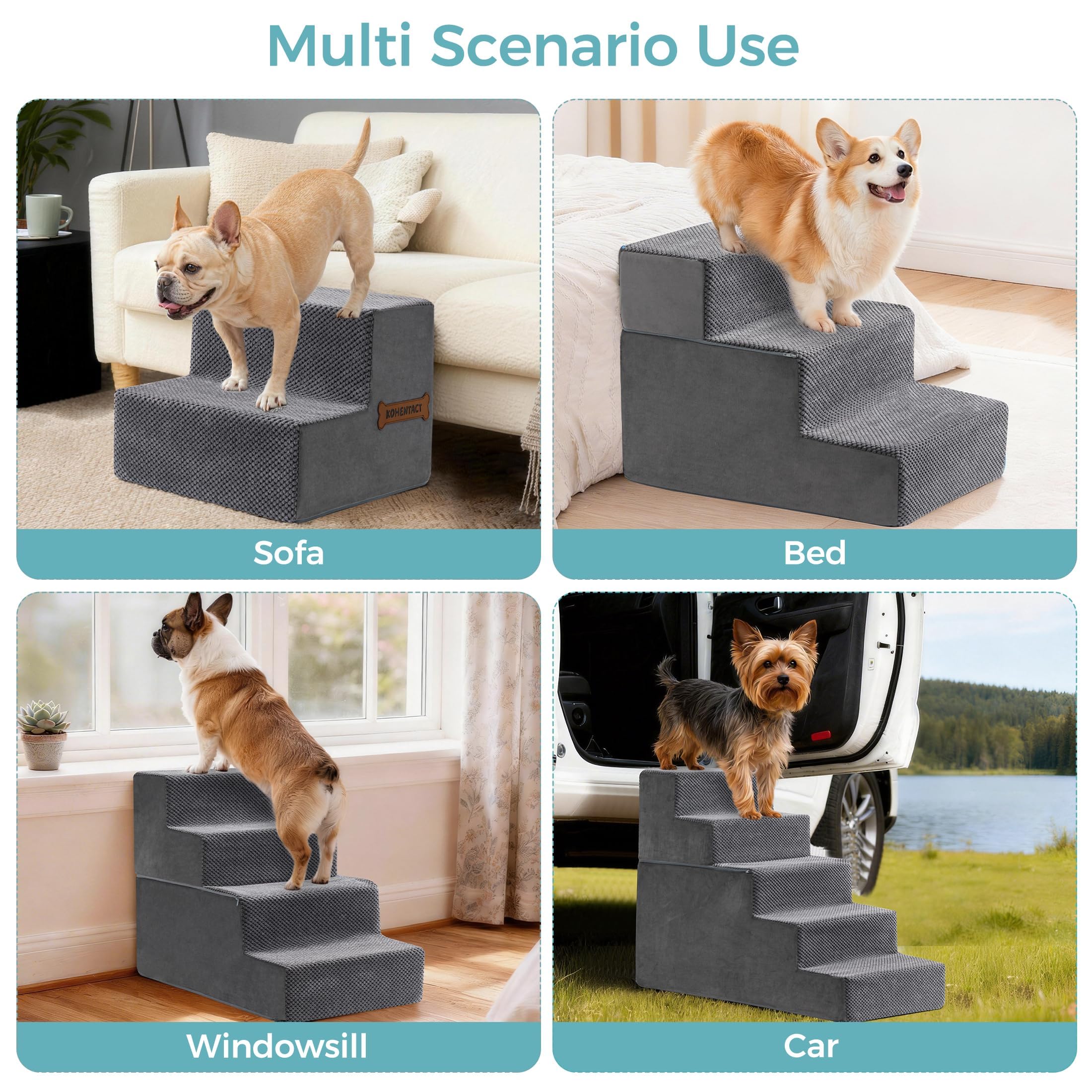 Scaletta per Cani e Rampa per Letto Alto e Divano, 33-61 cm Scala Rimovibile per Cani Piccoli e Medi, Schiuma 40D Robusta, Antiscivolo, Rivestimento Lavabile con Rullo Levapelucchi, Grigio
