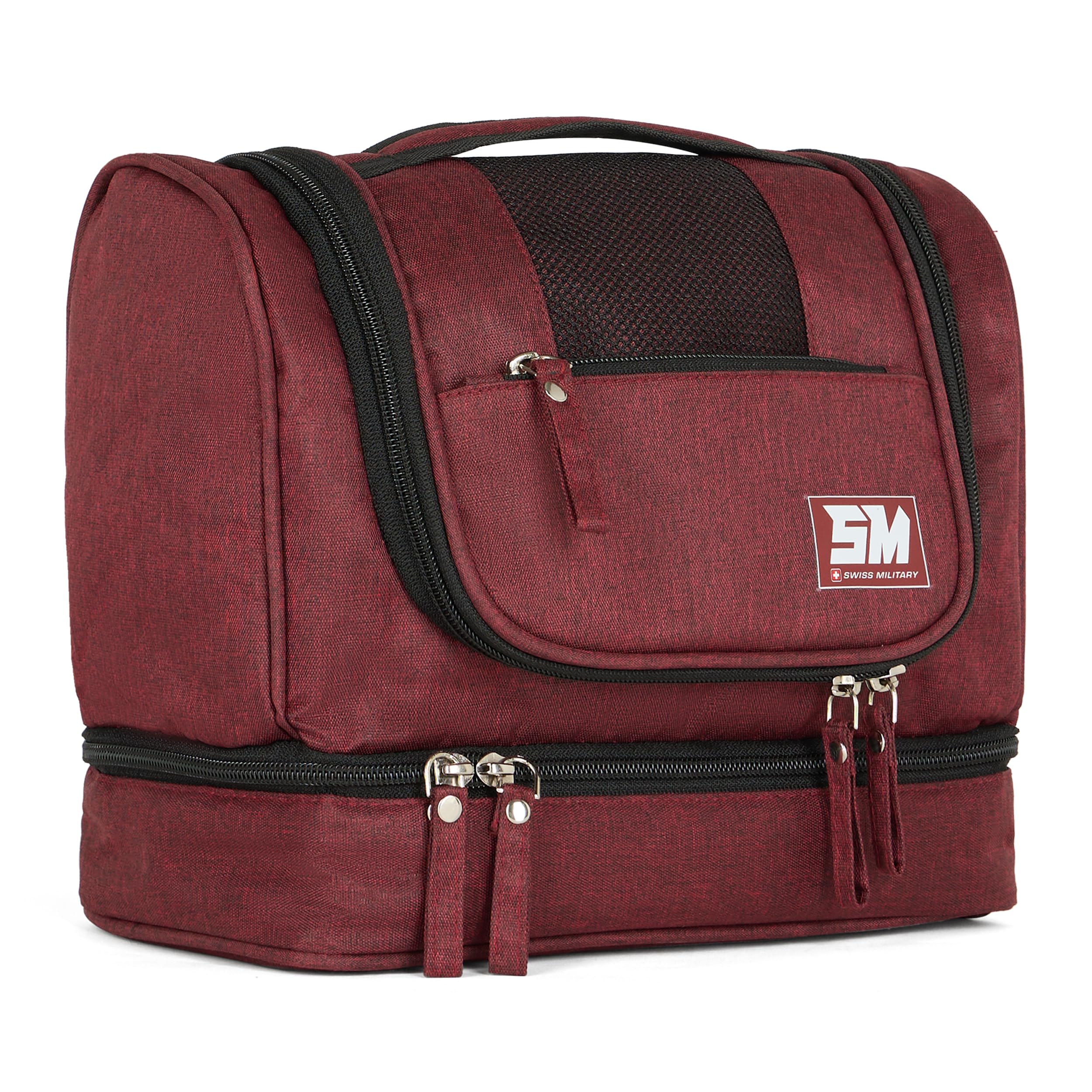 SWISS MILITARY TRAVELDUO 7L Double Decker Hanging Travel Toiletry Bag for Cosmetic & Shaving Organizer Bag with Wet Punch Waterproof Compartments & Durable Polyester Bag for Men & Women - Maroon