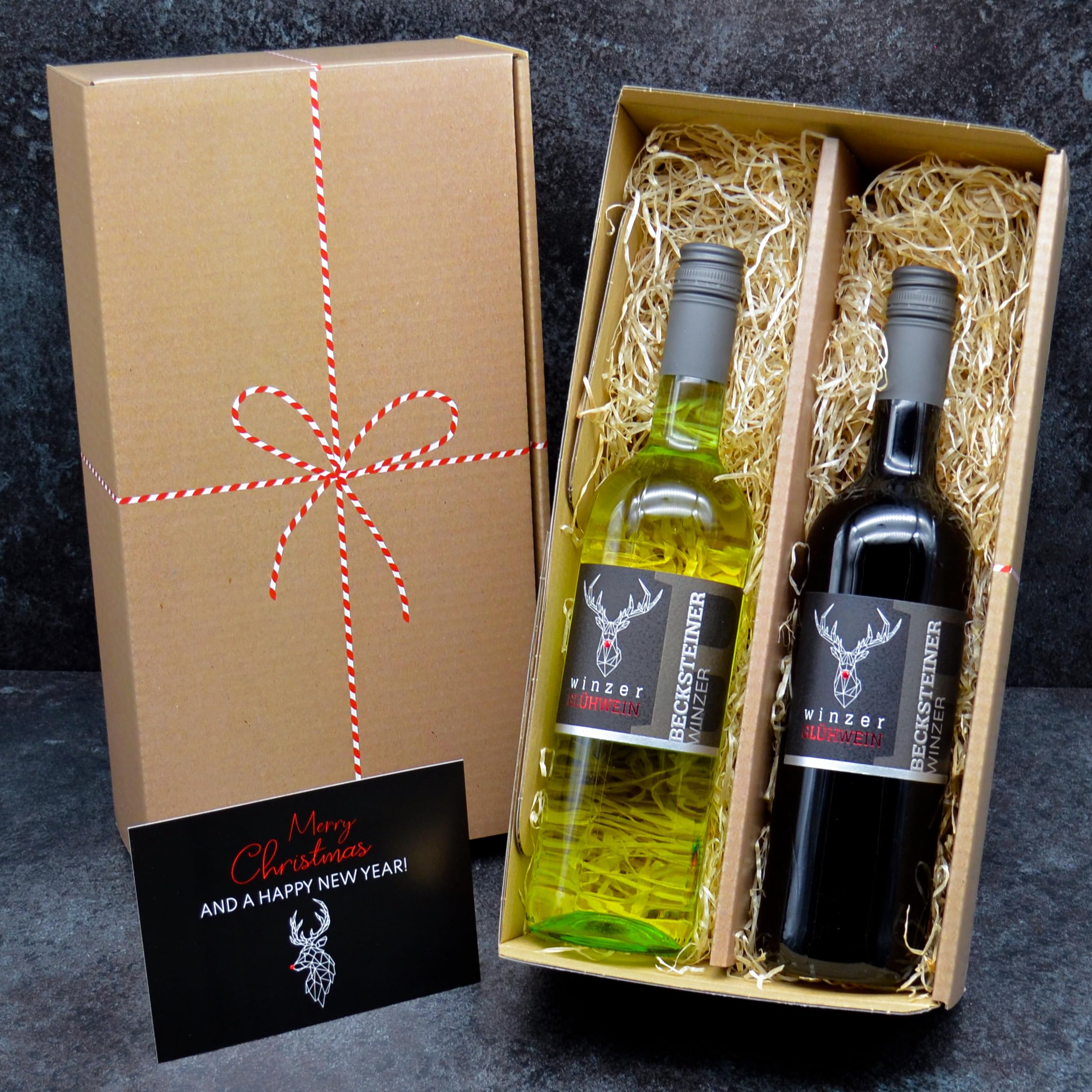 Glühwein Geschenkset mit 2x Becksteiner Winzer Wein (rot & weiß), Weihnachtskarte und Geschenkbox