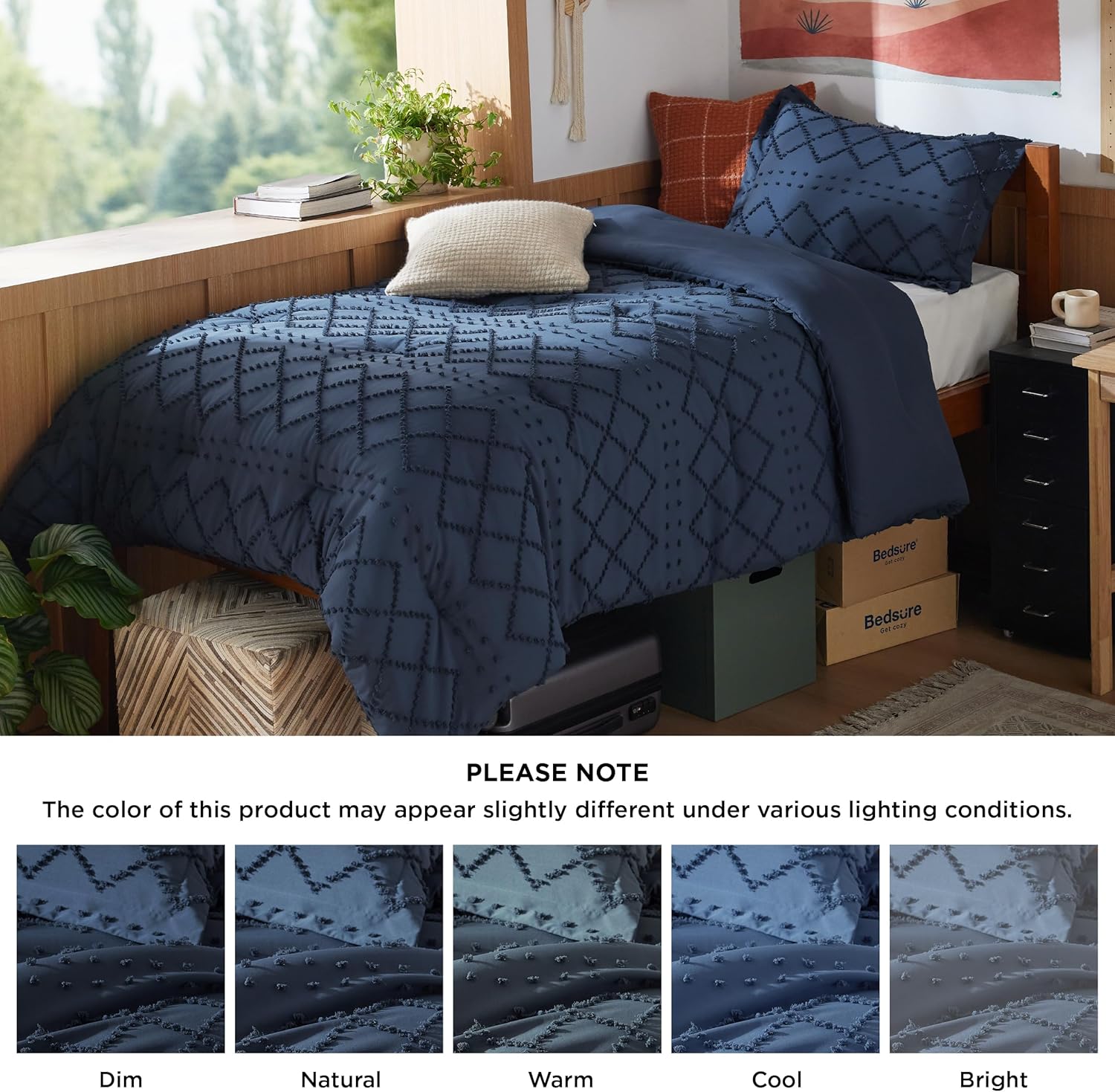 Bedsure Twin Comforter Set - Navy Blue Comforter, Boho Tufted Shabby Chic Bedding for Kids, 2 Pieces Vintage Farmhouse Bed Set for All Seasons, Fluffy Soft Bedding with 1 Pillow Sham - Image 7
