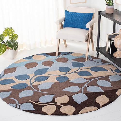 SAFAVIEH Soho Collection - Alfombra redonda de 6 pies, marrón y azul, hecha a mano de lana y viscosa, ideal para zonas de alto tráfico en sala de