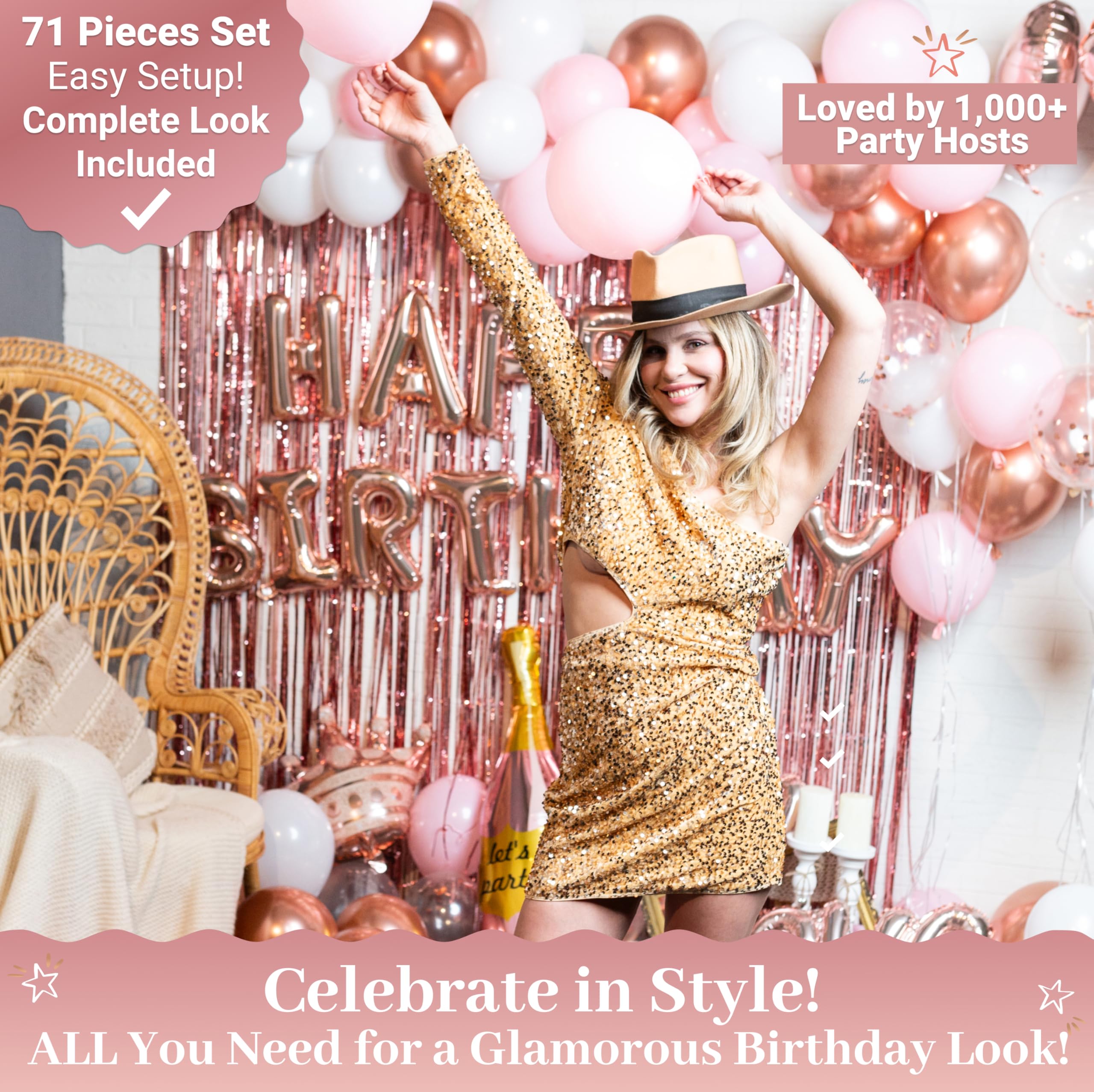 VIDAL CRAFTS 71-Piece Rose Gold Birthday Decorations - Party Backdrop with Latex, Foil & Confetti Balloons, Happy Birthday Banner & Rose Gold Foil Fringe Curtains [UPGRADED]