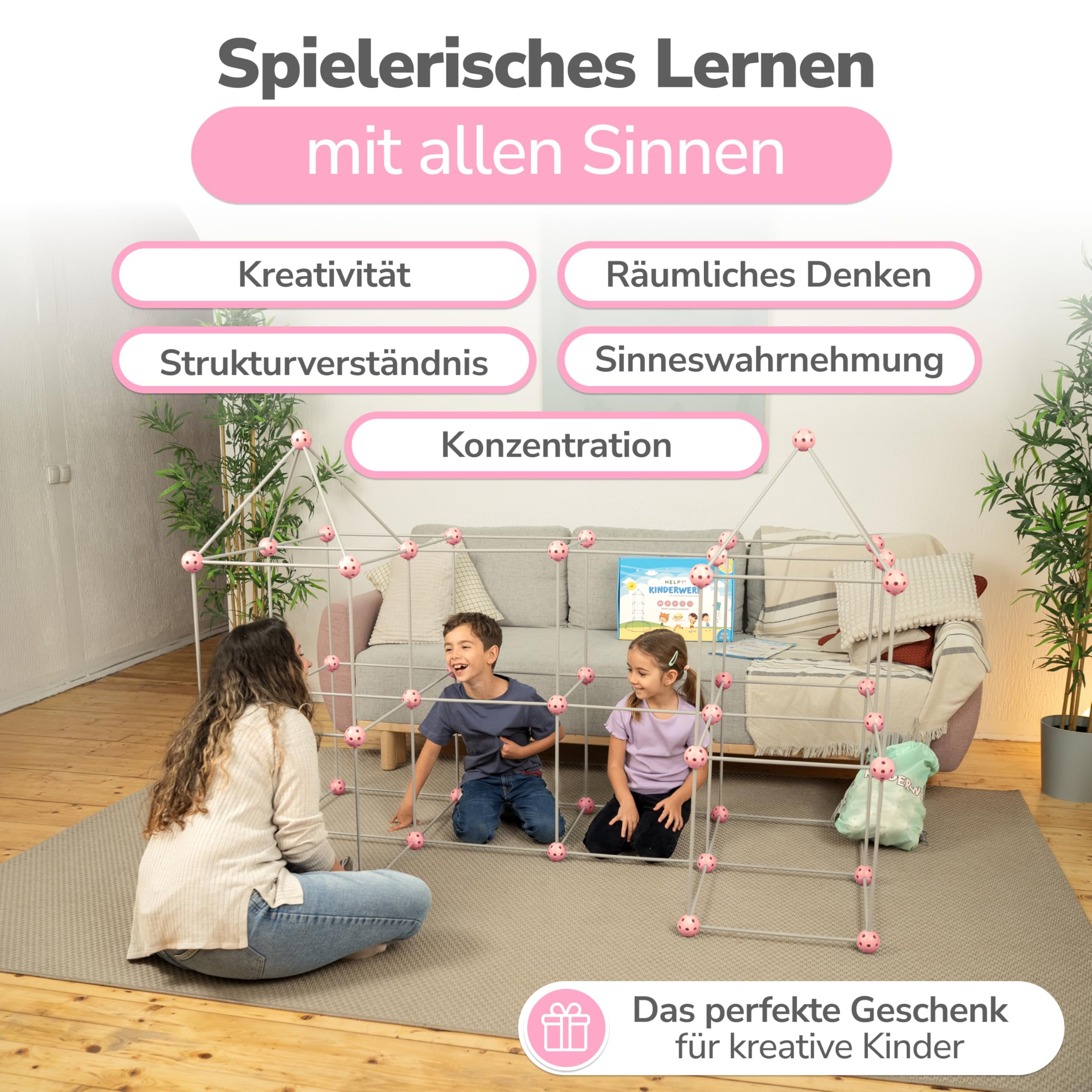 KINDERWERK - Konstruktionsspielzeug – 140-teiliges Set zum Höhle Bauen für Kinder – Unterstützt Kreativität & räumliches Denken – Indoor & Outdoor Spielzeug (rosa/grau)