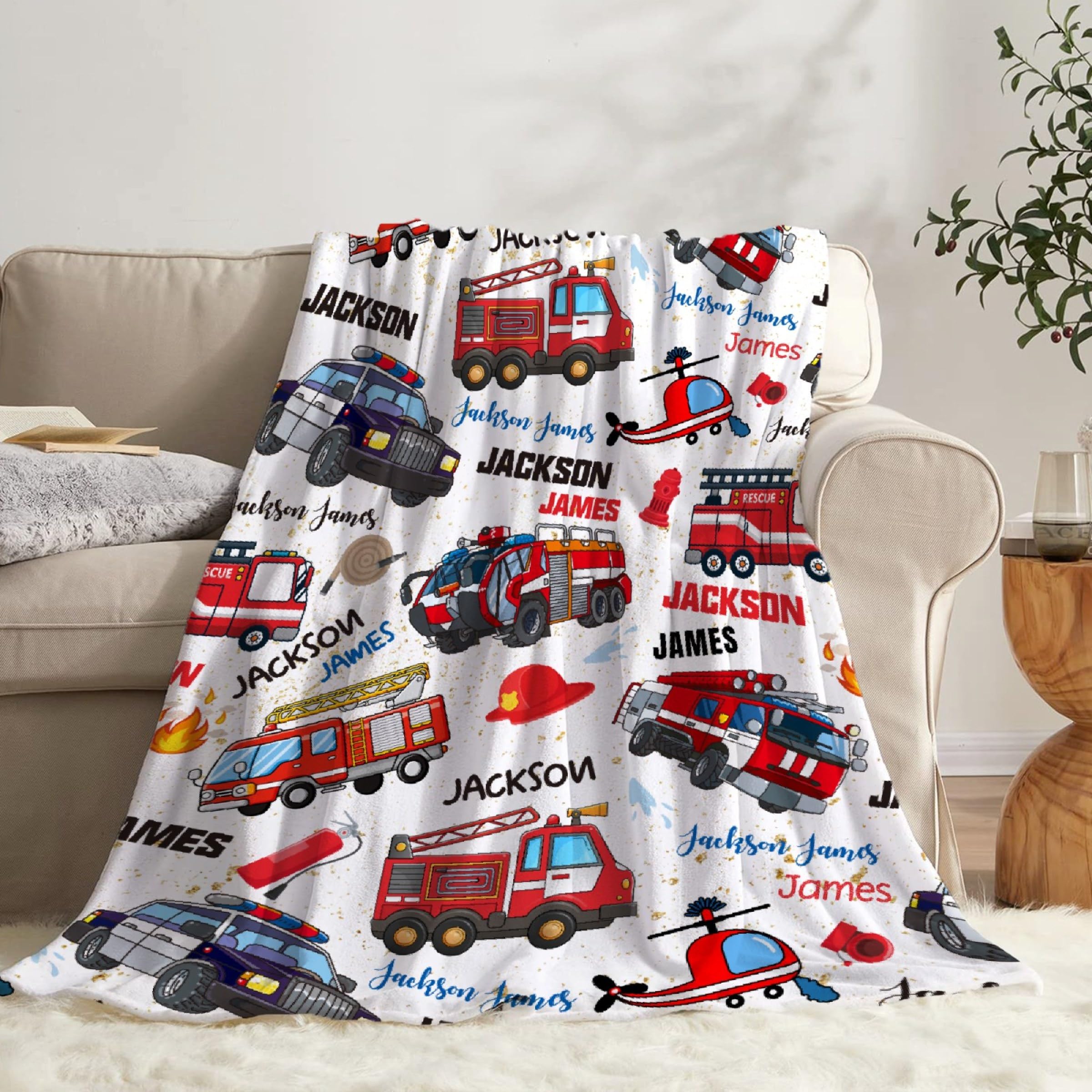 Fire Trucks Firefighter Custom Blanket Gifts Personalized Fire Trucks Throw Blankets for Boys Girls Super Soft Fleece Flannel Air Conditioning Blanket for Couch Bed 80x60 in for Adult