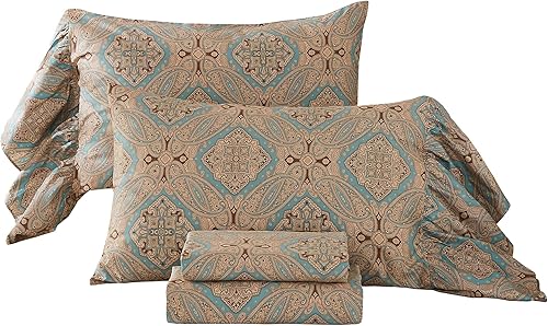 ABREEZE Juego de sábanas con estampado de flores desgastadas, juego de ropa de cama bohemio con volantes, juego de ropa de cama de lujo de 4 piezas,