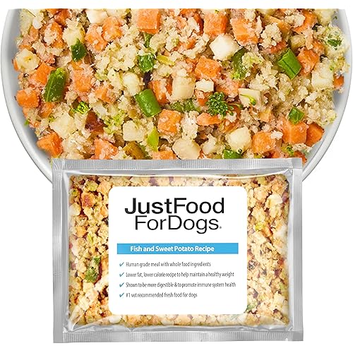 JustFoodForDogs Frozen Fresh Dog Food, Complete Meal or Dog Food Topper, Fish & Sweet Potato Human Grade Dog Food Recipe, 18 oz (Pack of 14)