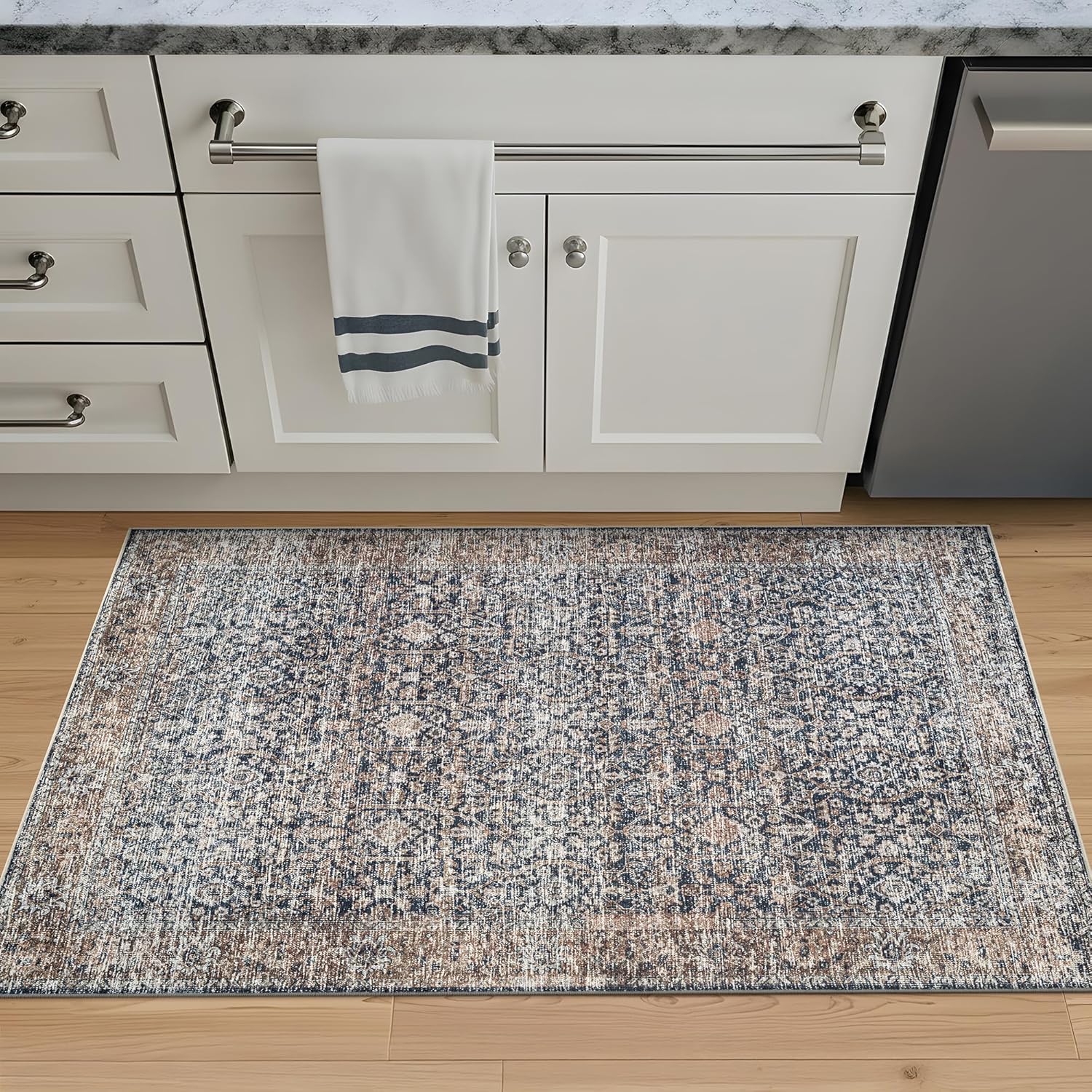 Bloom Rugs Caria Washable Non-Slip 3x5 Rug - Dark Blue/Tan Traditional Area Rug for Living Room, Bedroom, Dining Room, and Kitchen - Exact Size: 3' x 5'