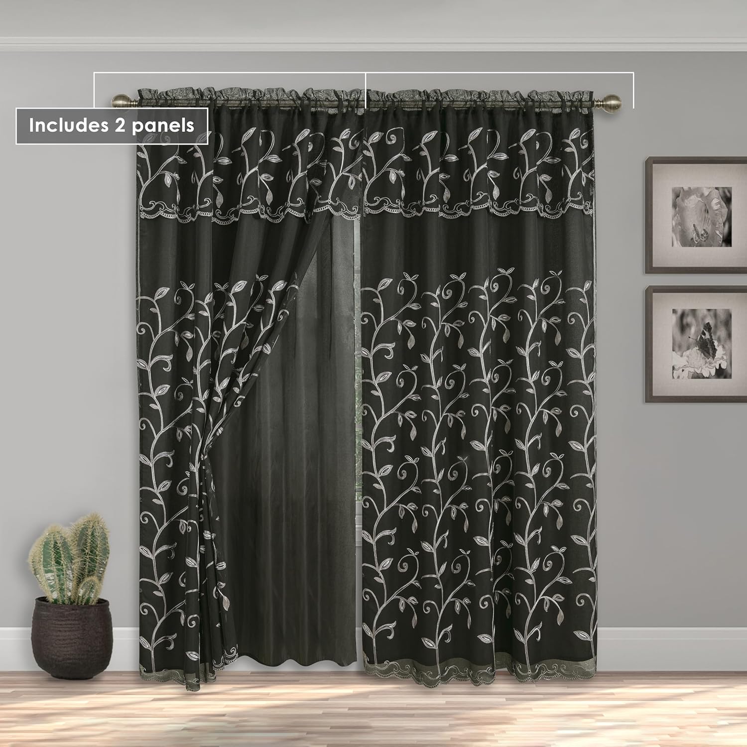 Elegant Comfort Luxury Curtain/Window Panel Set with Attached Valance and Backing 54" X 84 inch (Set of 2), Black