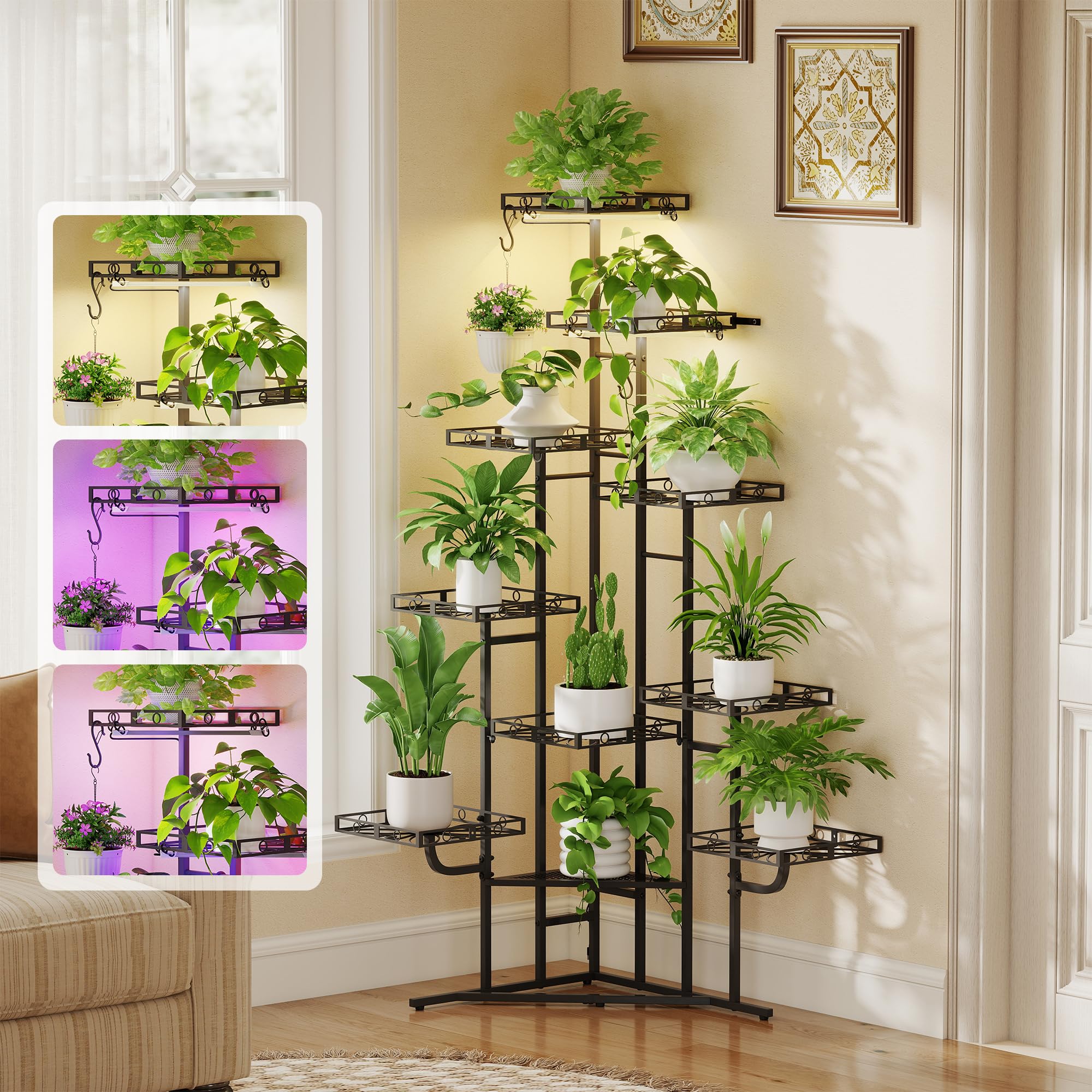 Quikraen Pflanzenständer mit Wachstumslicht, 9 Ebenen, 150cm, Schwarz | mit licht, L-förmiges Design, Rostbeständigen, Outdoor & Indoor, Für Wohnzimmer, Für Garten, Für Balkon, Einfacher Aufbau